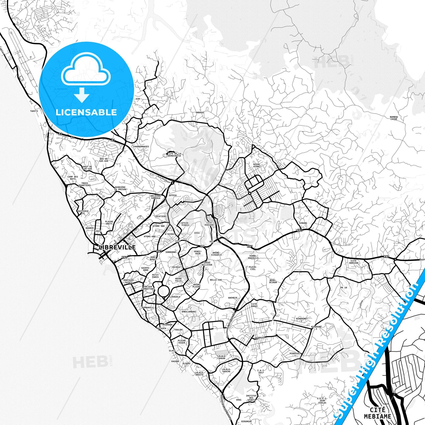 Libreville, Gabon Light Map with Street Names, City Names, and Districts
