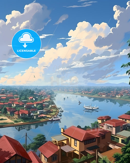 Vibrant Painting of Riverfront Homes and Boat in Libreville Gabon Skyline