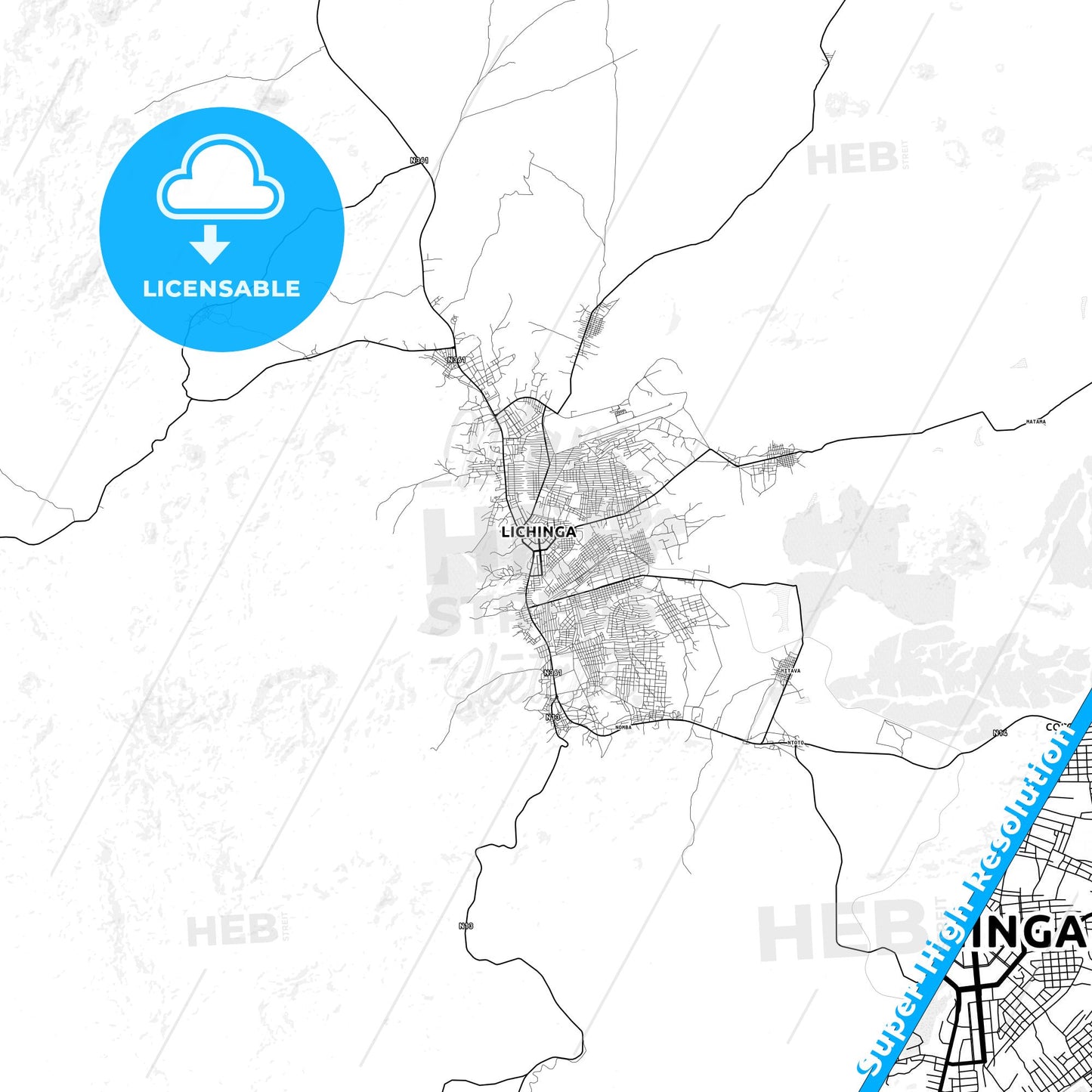 Lichinga, Mozambique light map with streetnames, citynames and districts