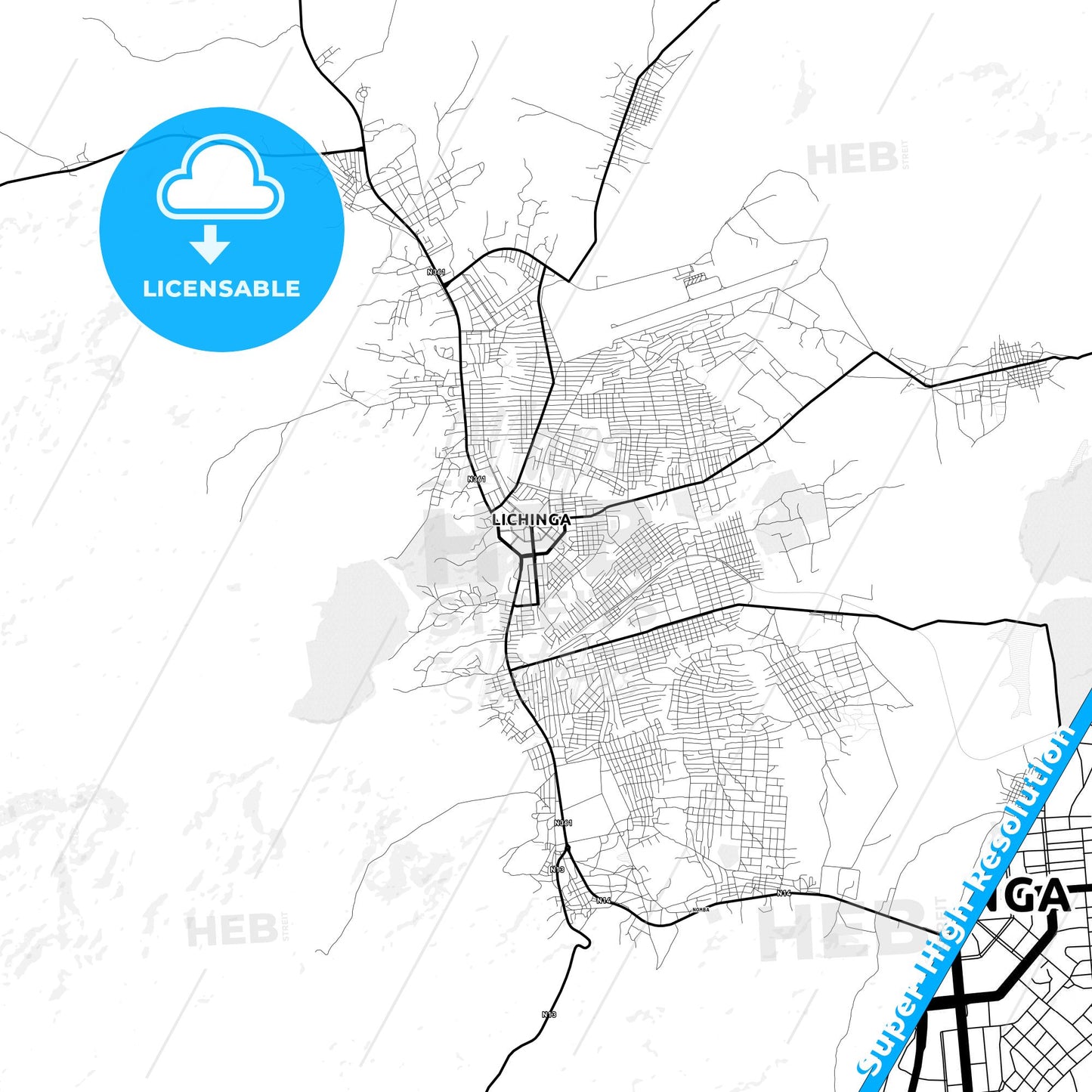 Lichinga, Mozambique Light Map with Street Names, City Names, and Districts