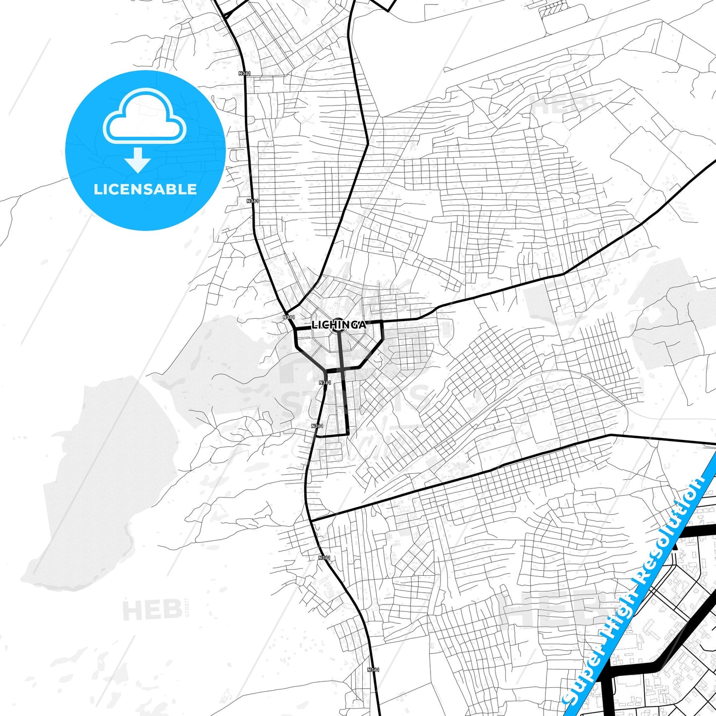 Lichinga, Mozambique Light Map with Street Names, City Names, and Districts