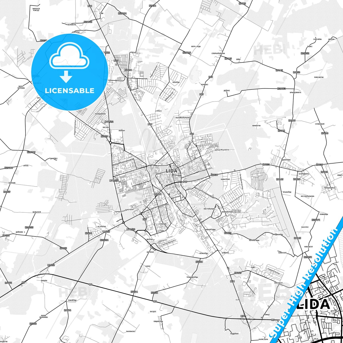 Lida, Belarus light map with streetnames, citynames and districts