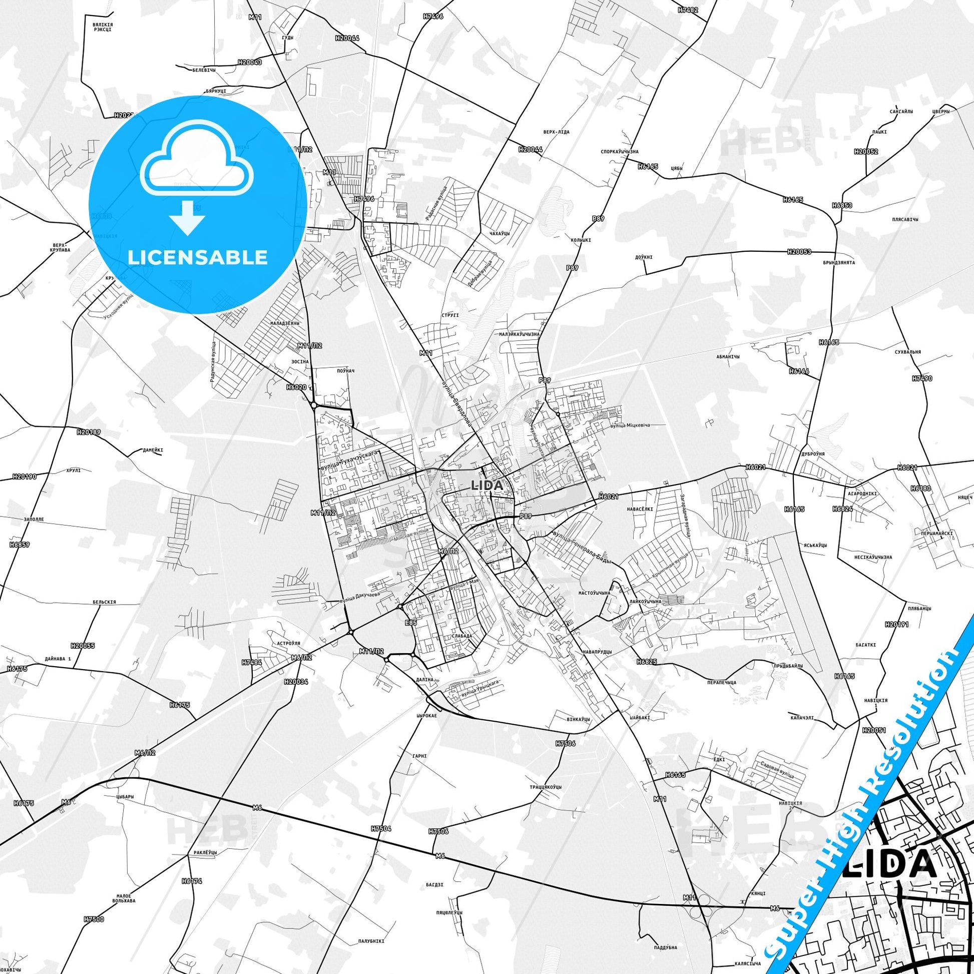 Lida, Belarus light map with streetnames, citynames and districts