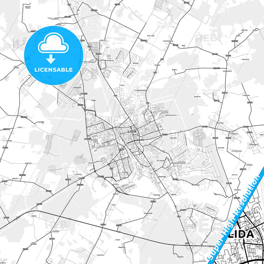Lida, Belarus light map with streetnames, citynames and districts