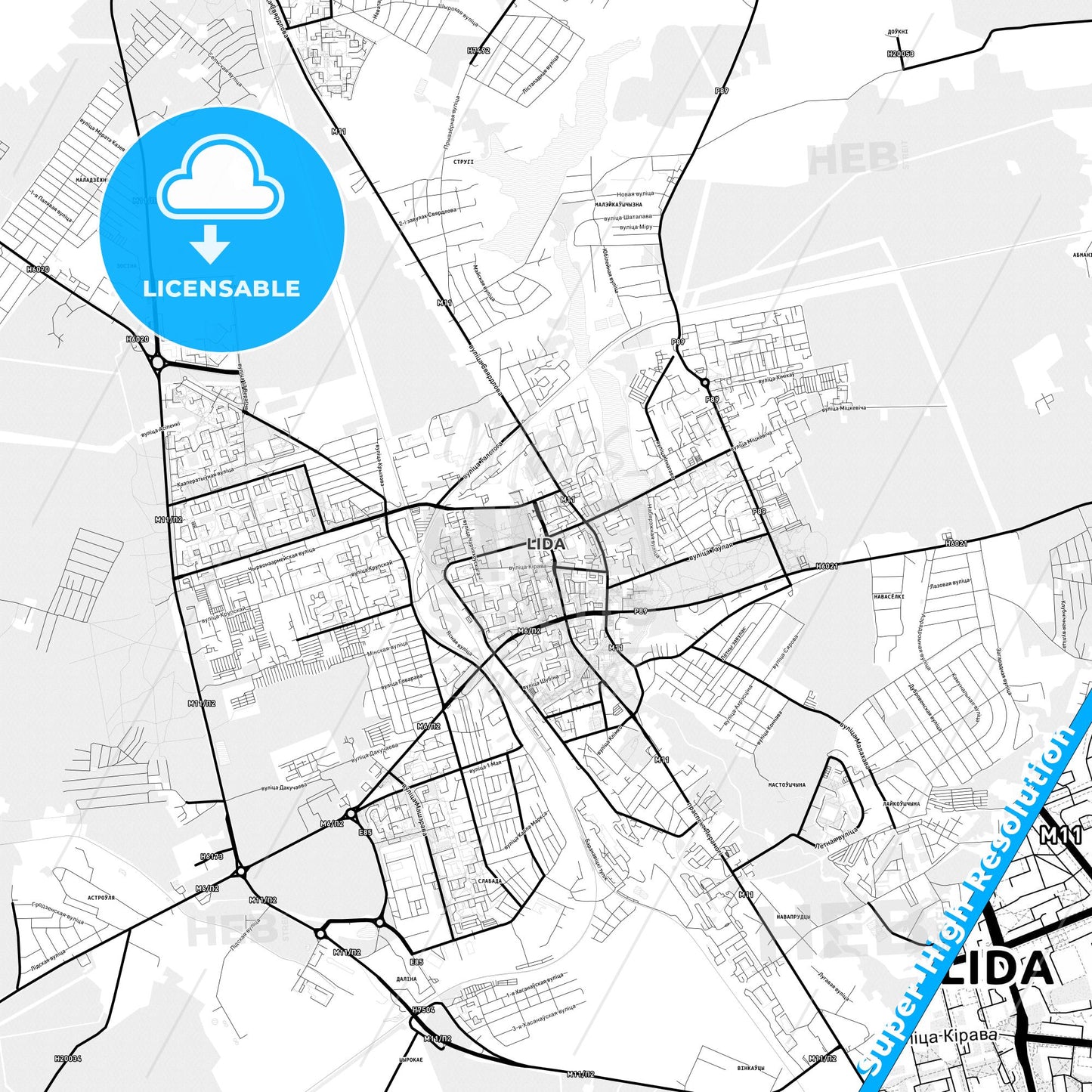 Lida, Belarus Light Map with Street Names, City Names, and Districts