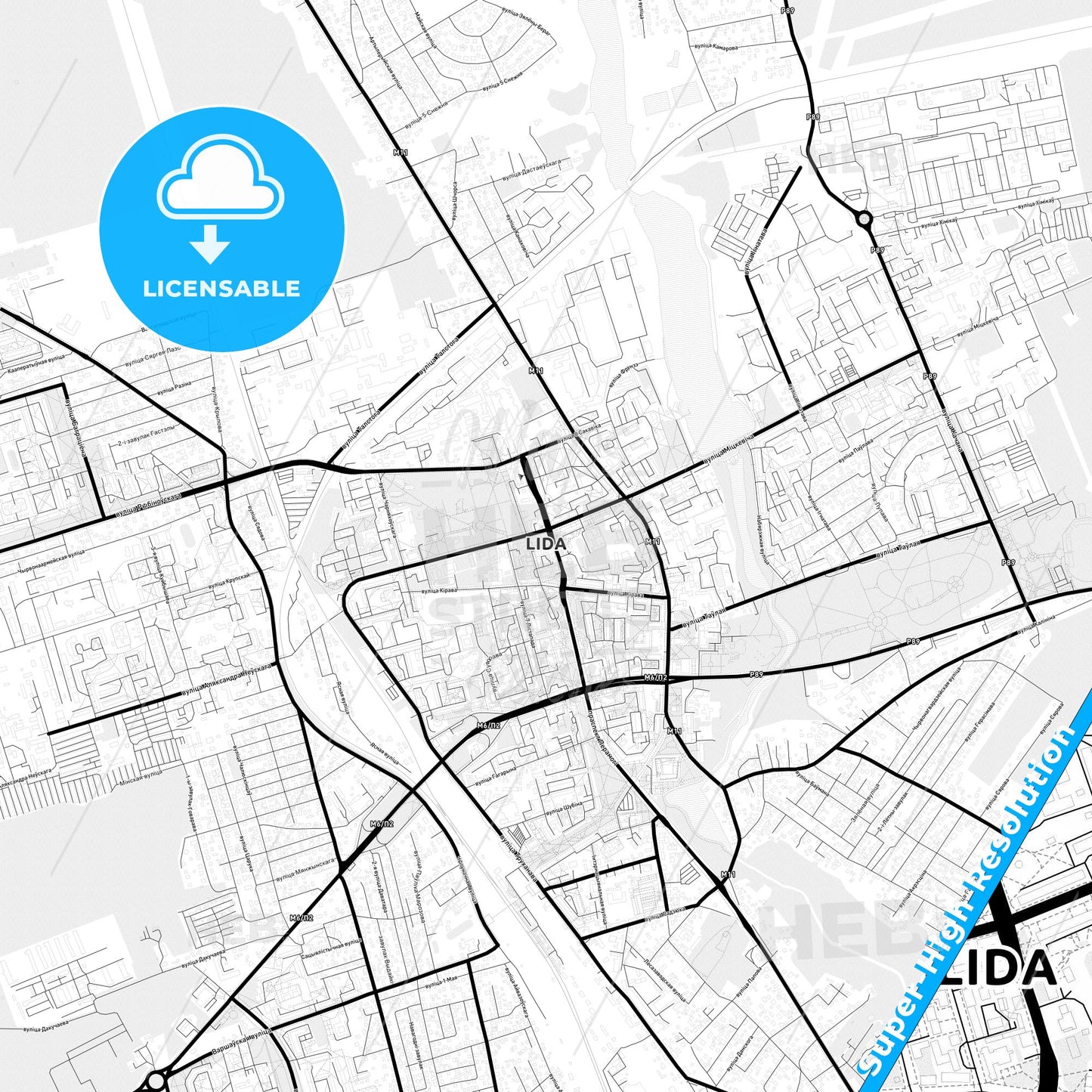 Lida, Belarus Light Map with Street Names, City Names, and Districts