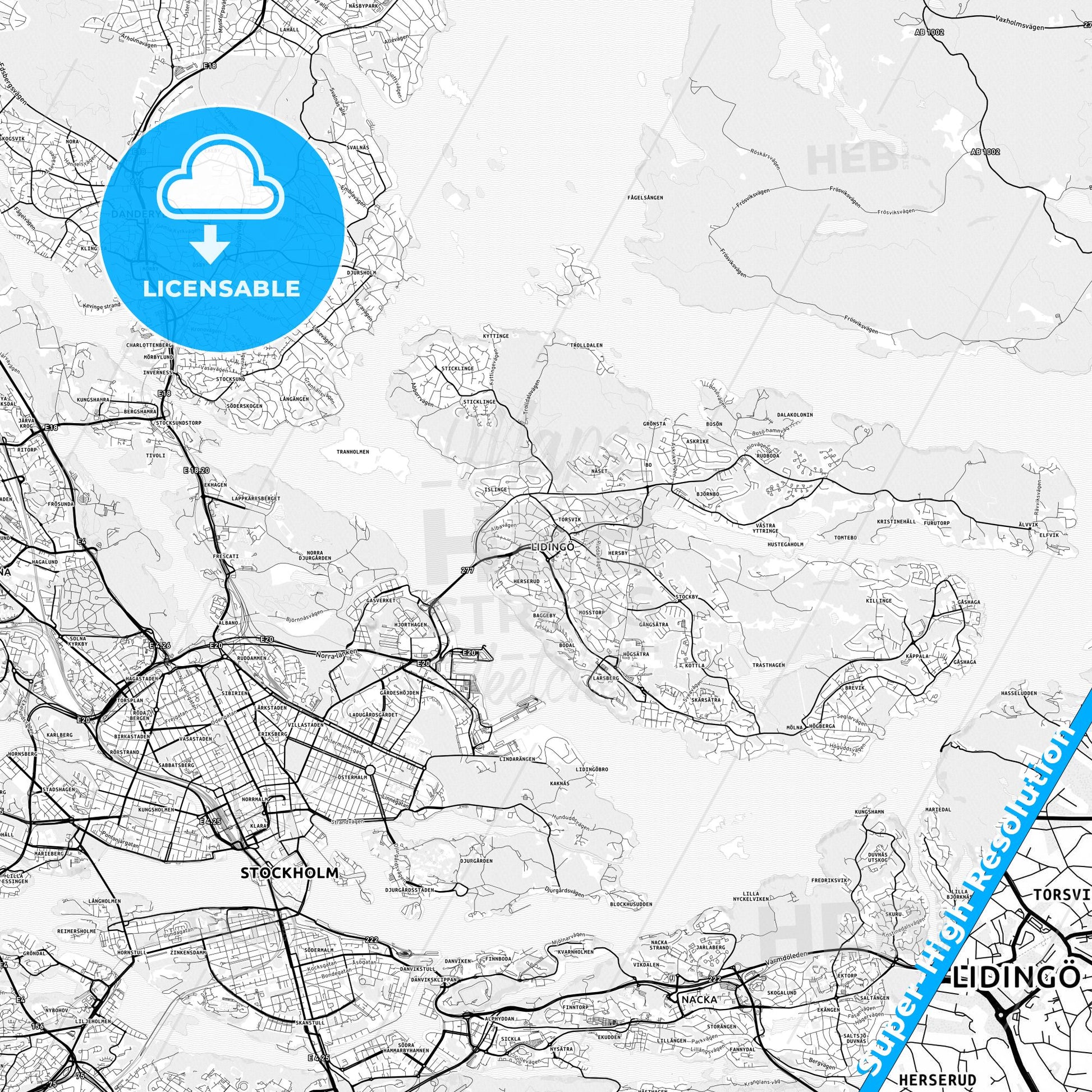 Lidingö, Sweden light map with streetnames, citynames and districts
