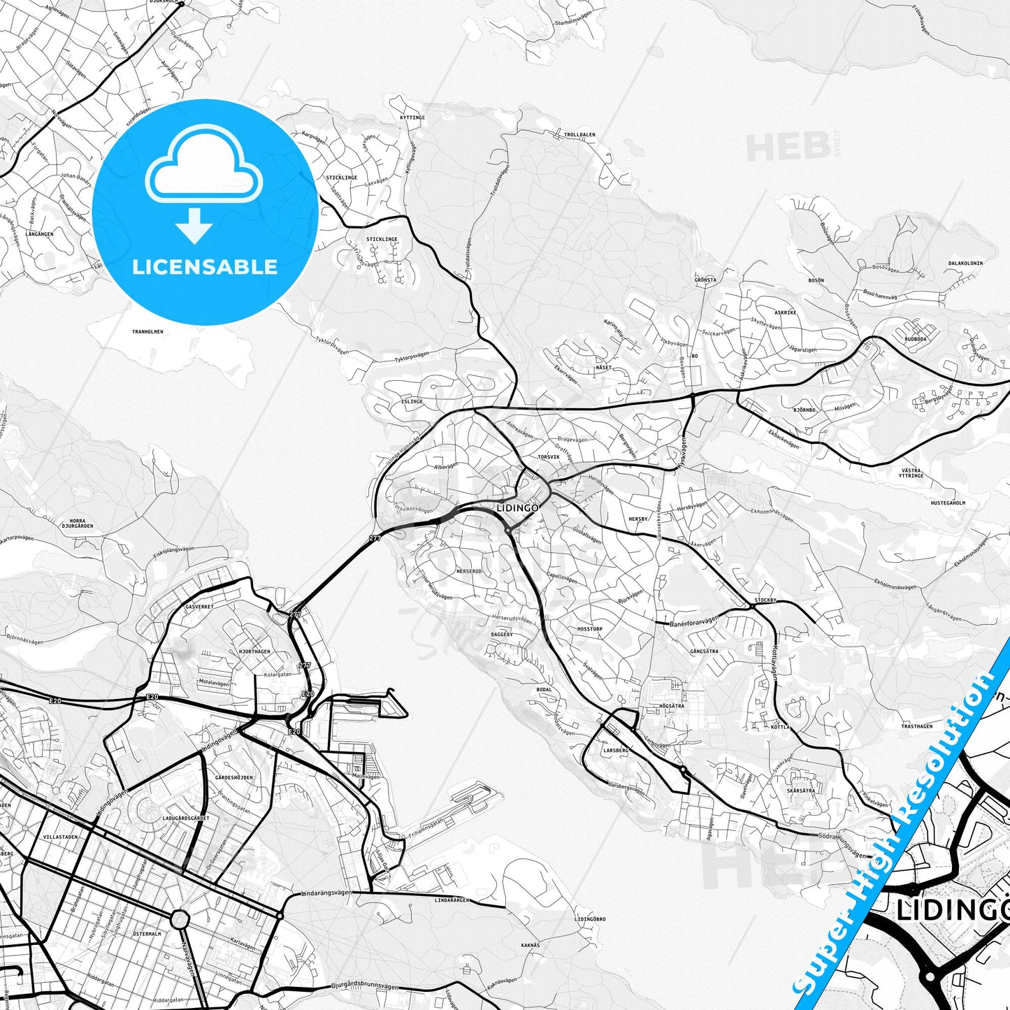 Lidingö, Sweden Light Map with Street Names, City Names, and Districts