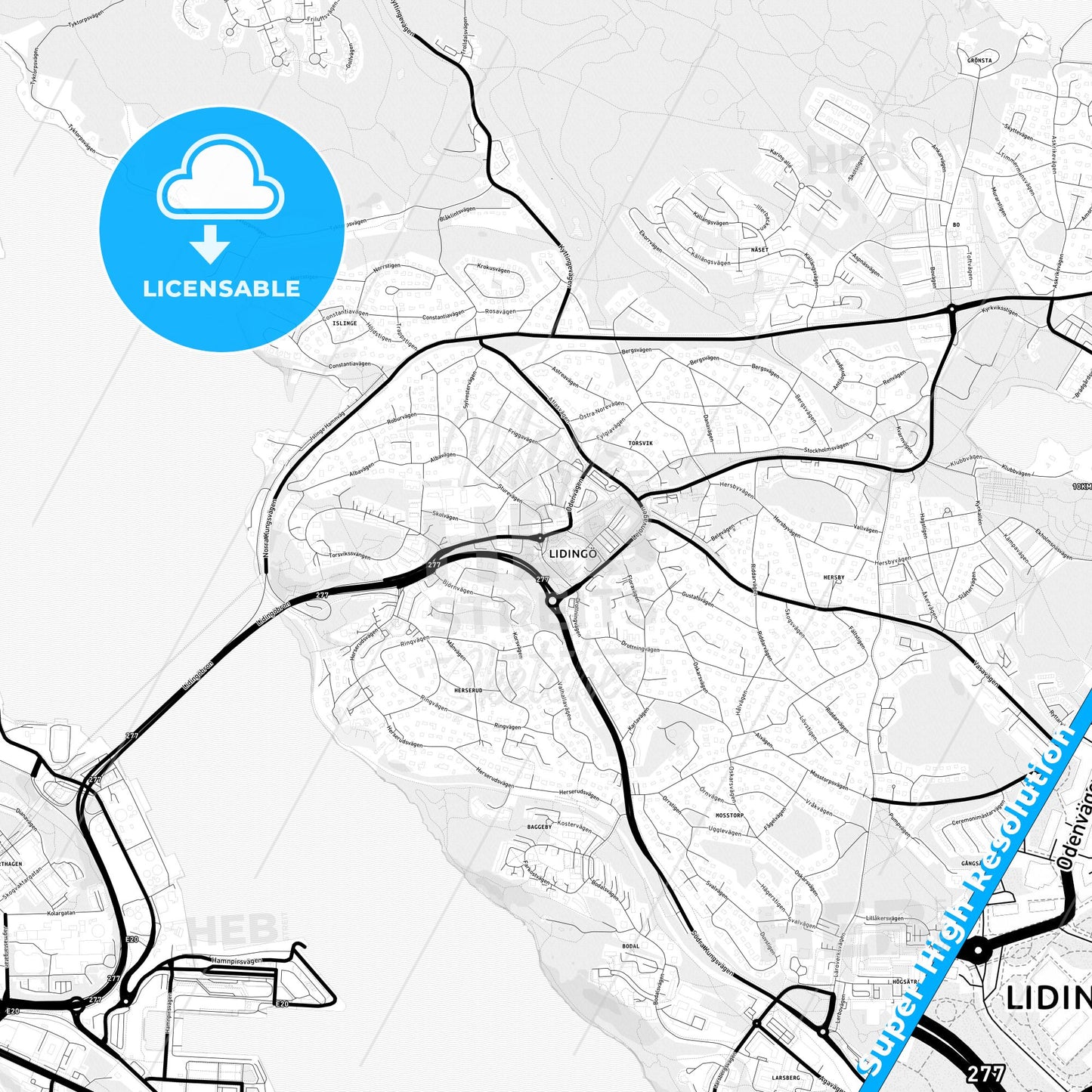 Lidingö, Sweden Light Map with Street Names, City Names, and Districts