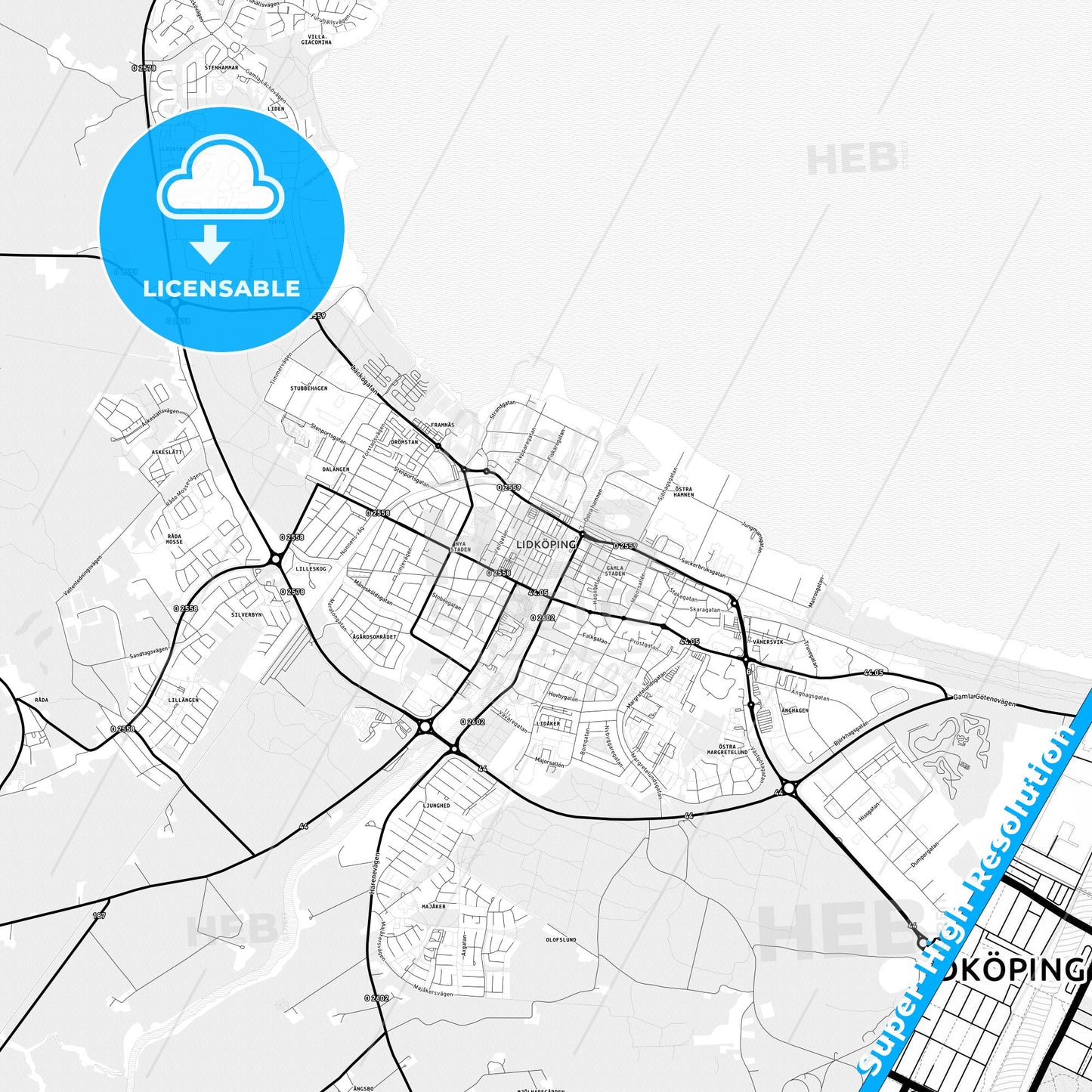 Lidköping, Sweden Light Map with Street Names, City Names, and Districts