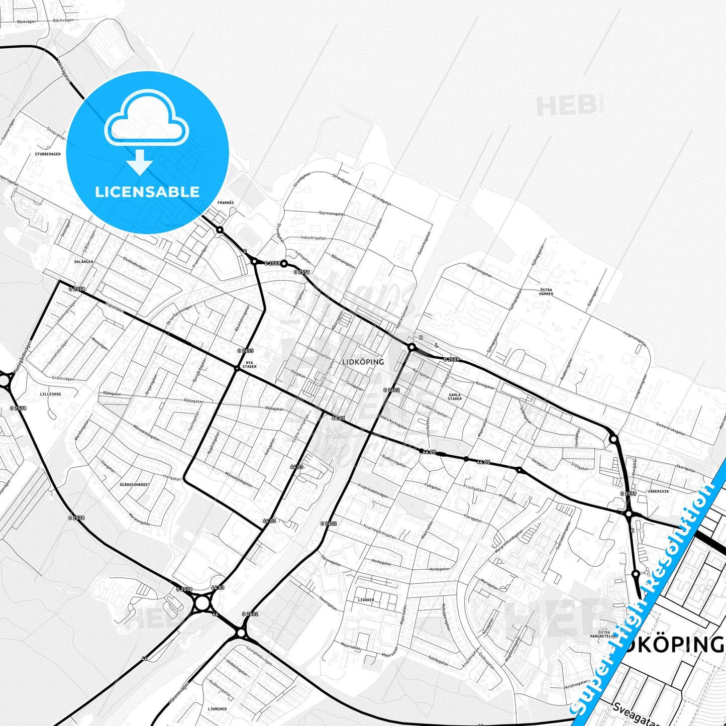 Lidköping, Sweden Light Map with Street Names, City Names, and Districts