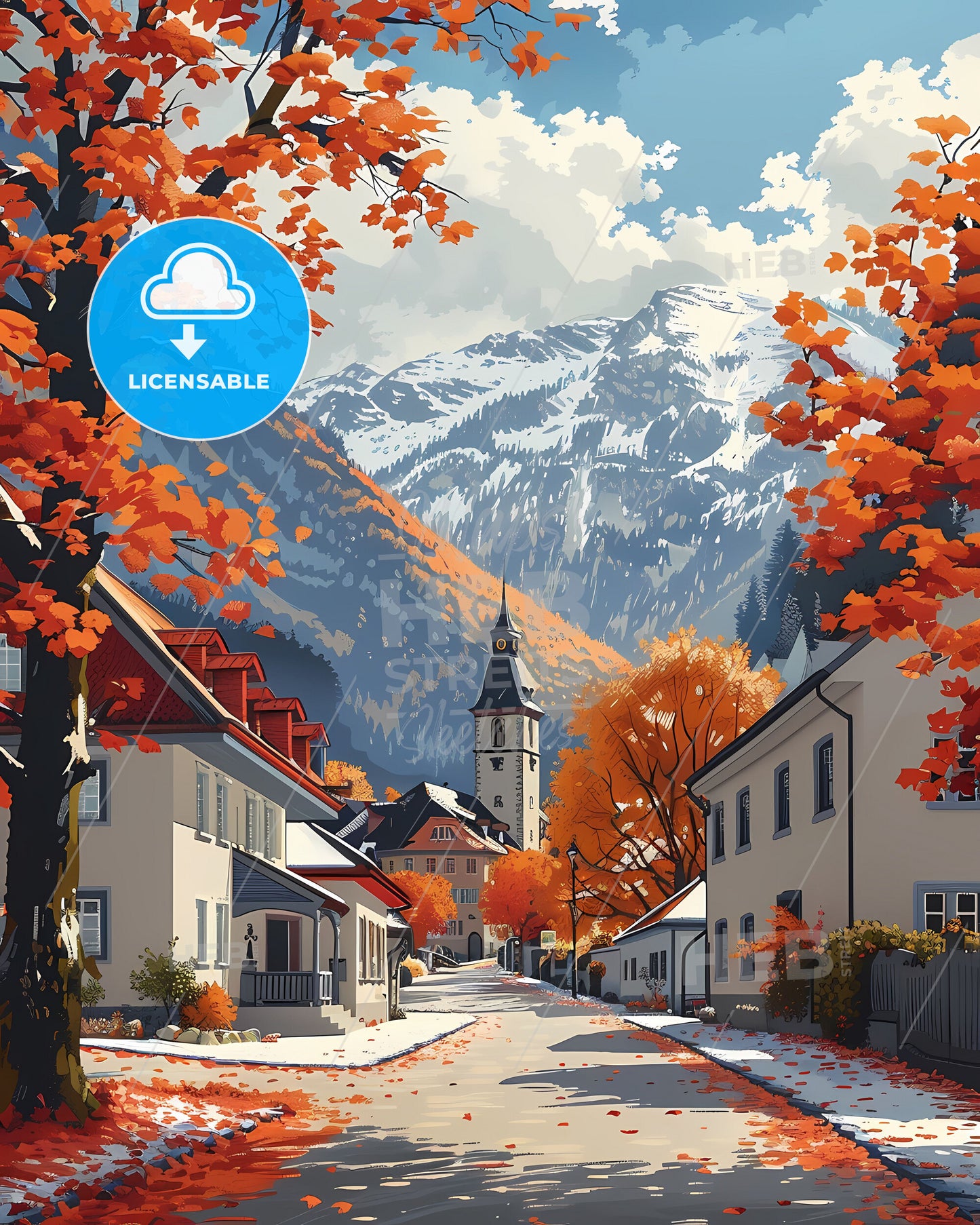 Liechtenstein, Europe - Vibrant Street View with Orange Trees and Panoramic Mountain Scenery (Art Focus)