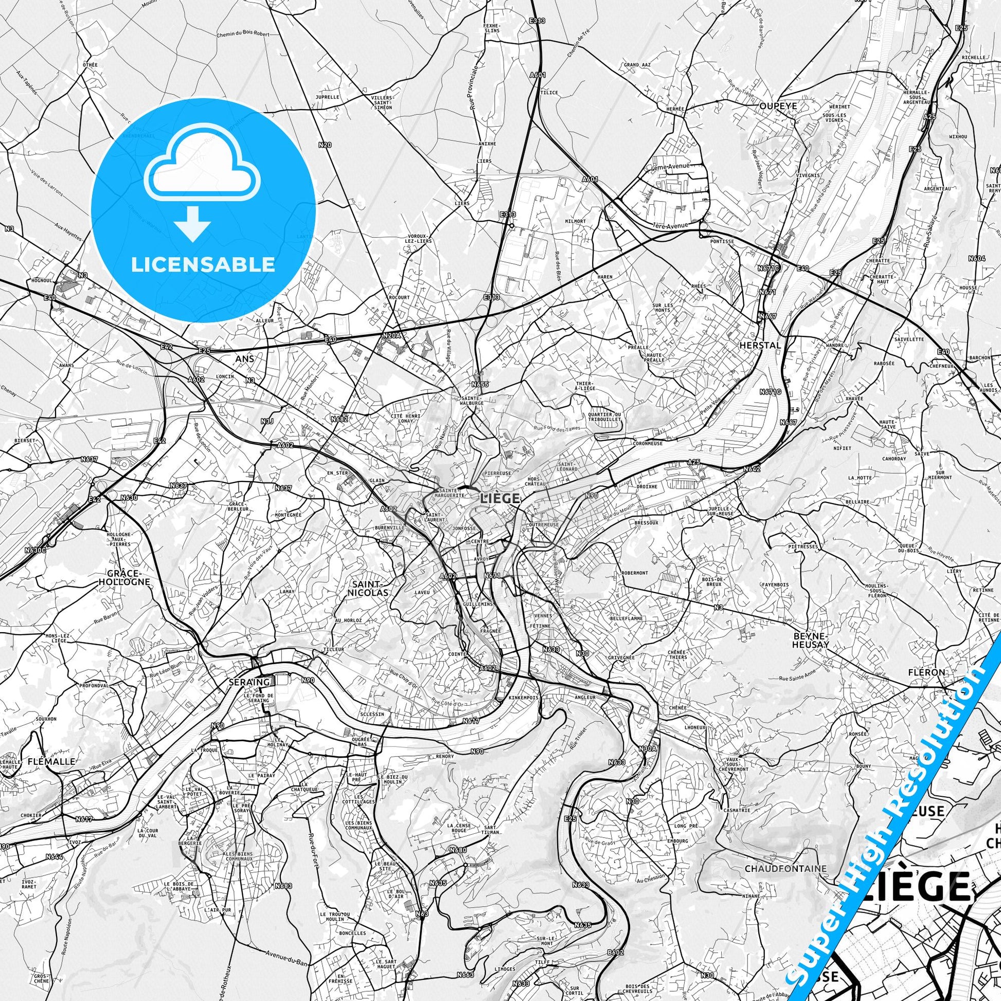 Liège, Belgium light map with streetnames, citynames and districts