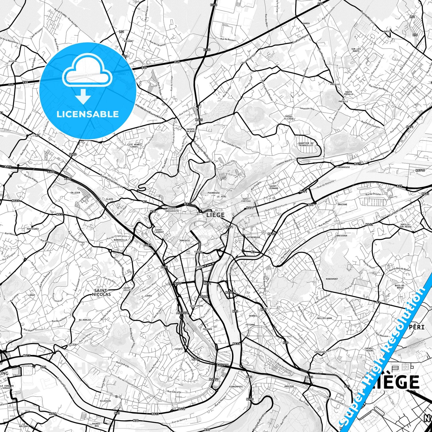 Liège, Belgium Light Map with Street Names, City Names, and Districts