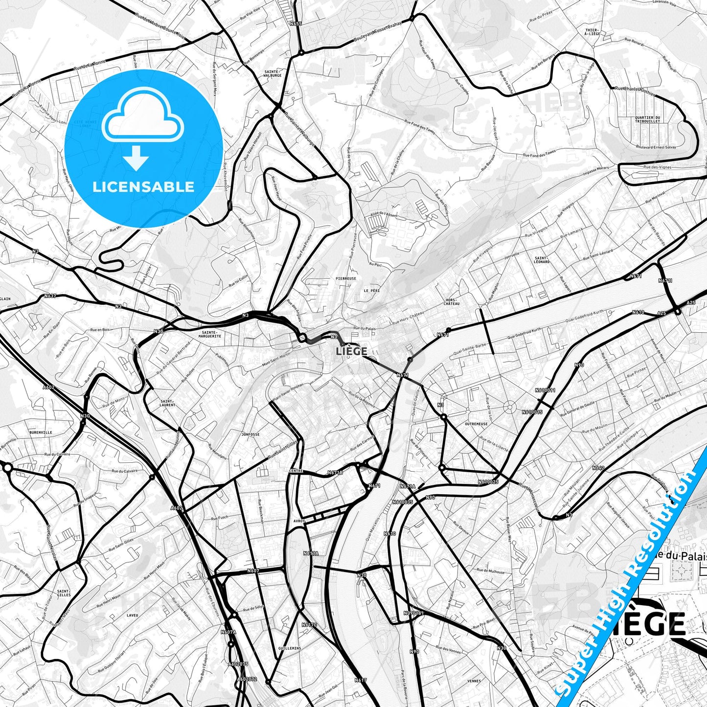 Liège, Belgium Light Map with Street Names, City Names, and Districts