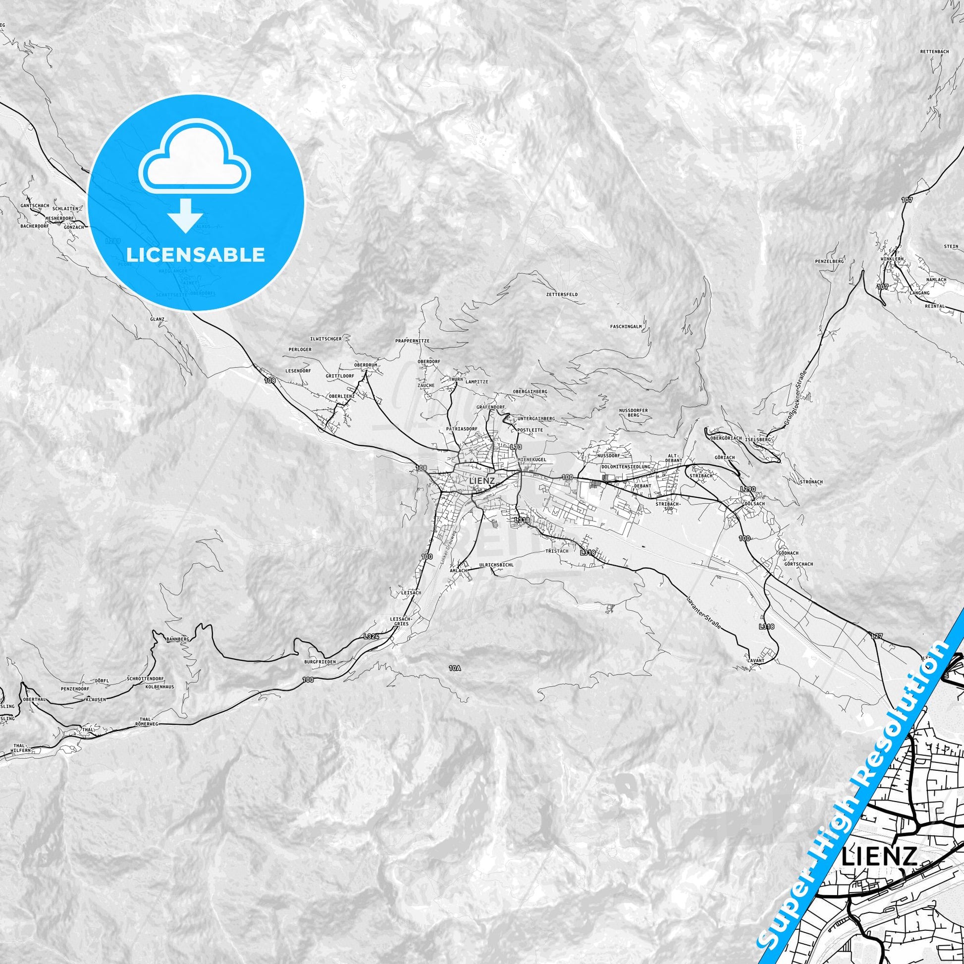 Lienz, Austria light map with streetnames, citynames and districts