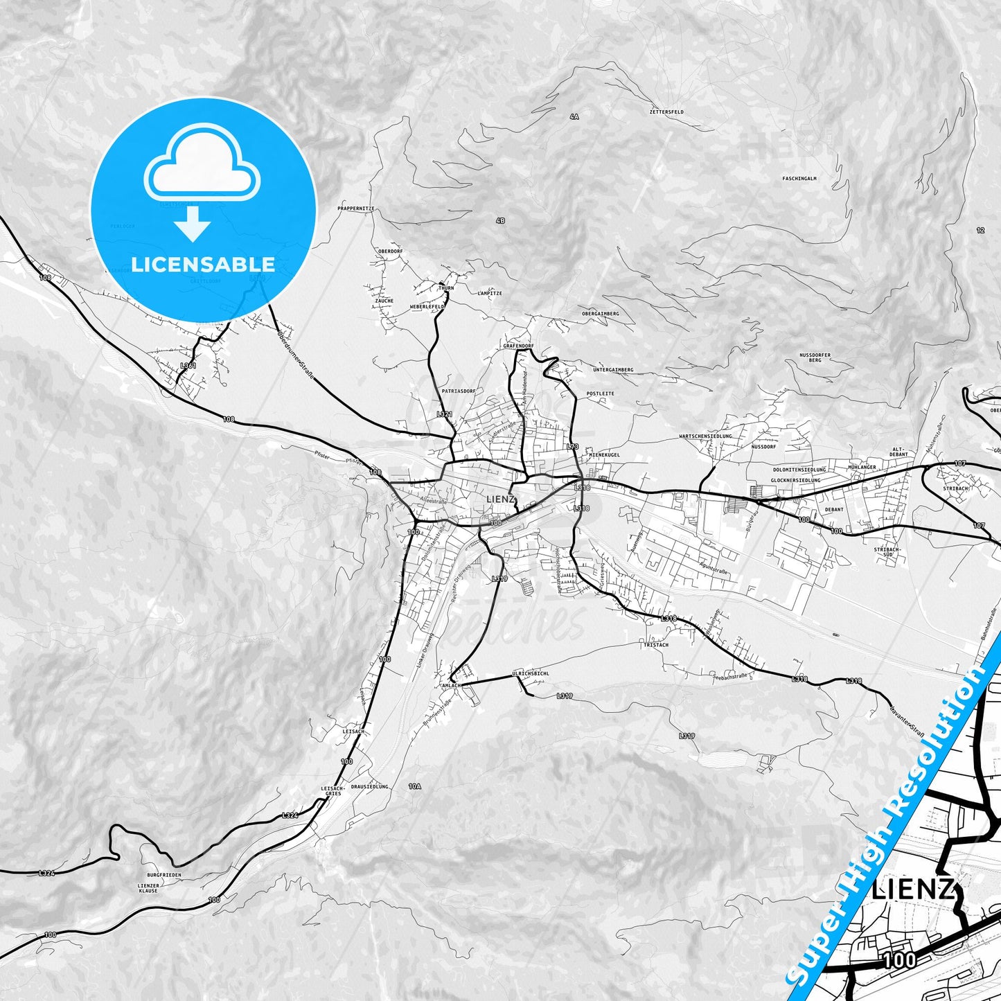 Lienz, Austria Light Map with Street Names, City Names, and Districts