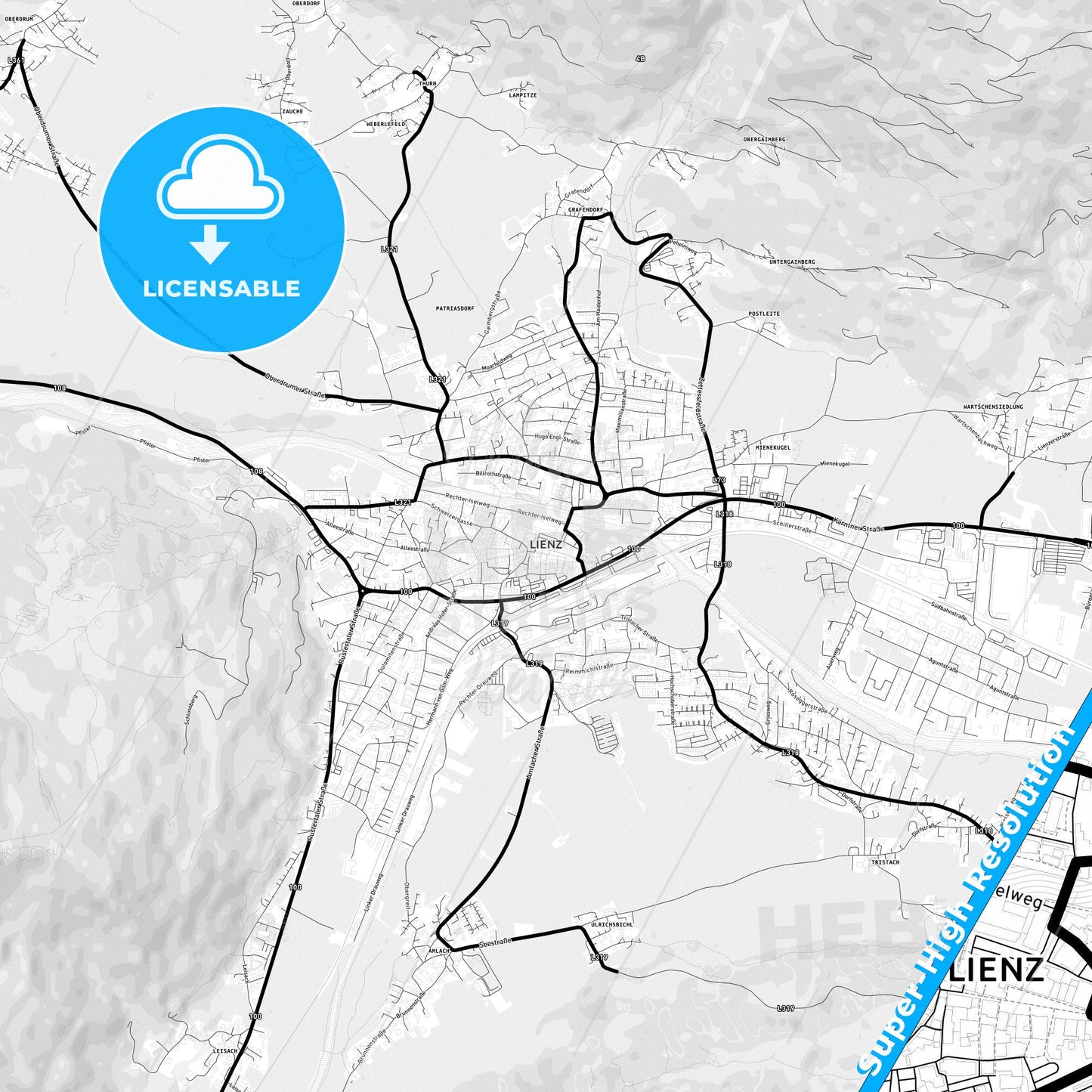 Lienz, Austria Light Map with Street Names, City Names, and Districts