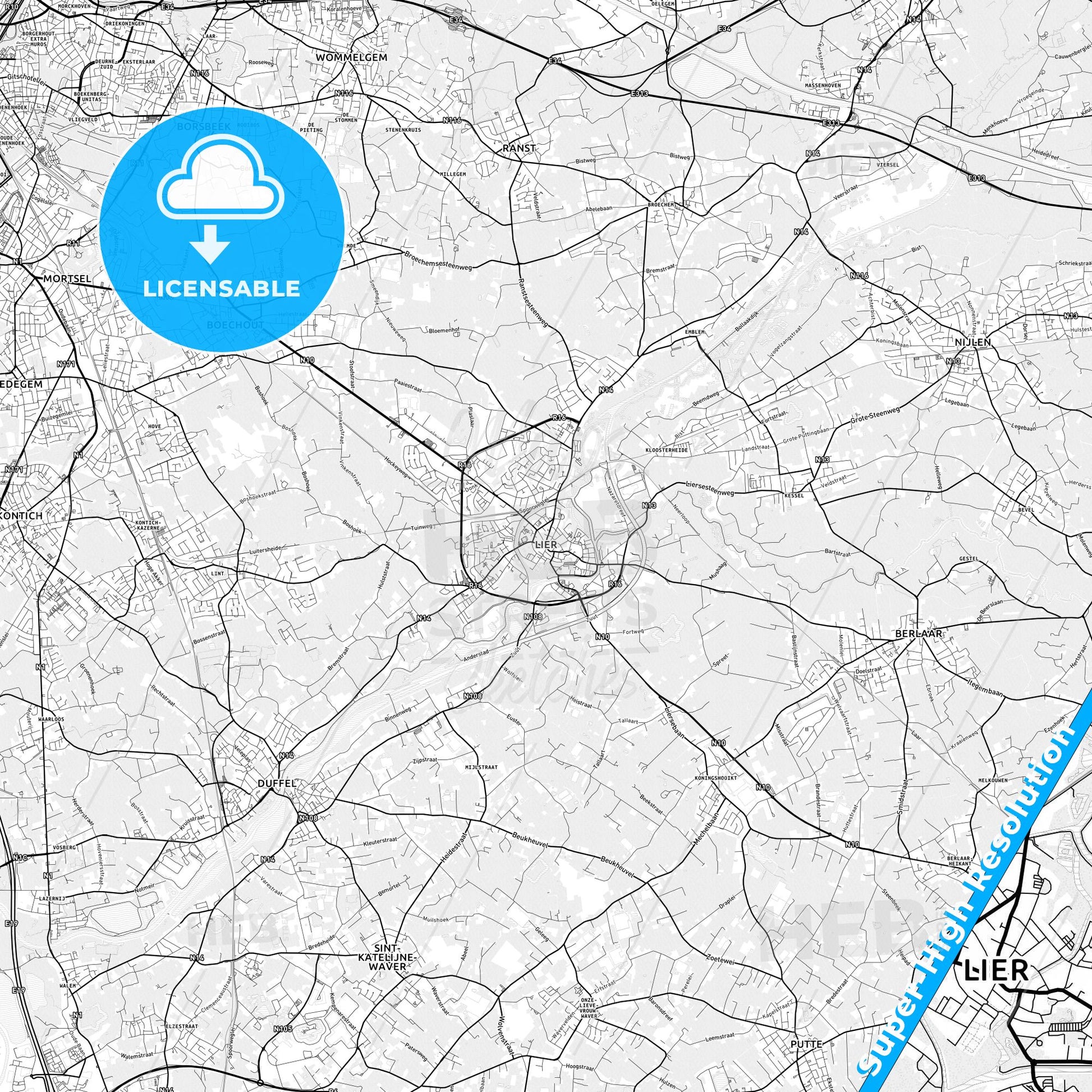 Lier, Belgium light map with streetnames, citynames and districts