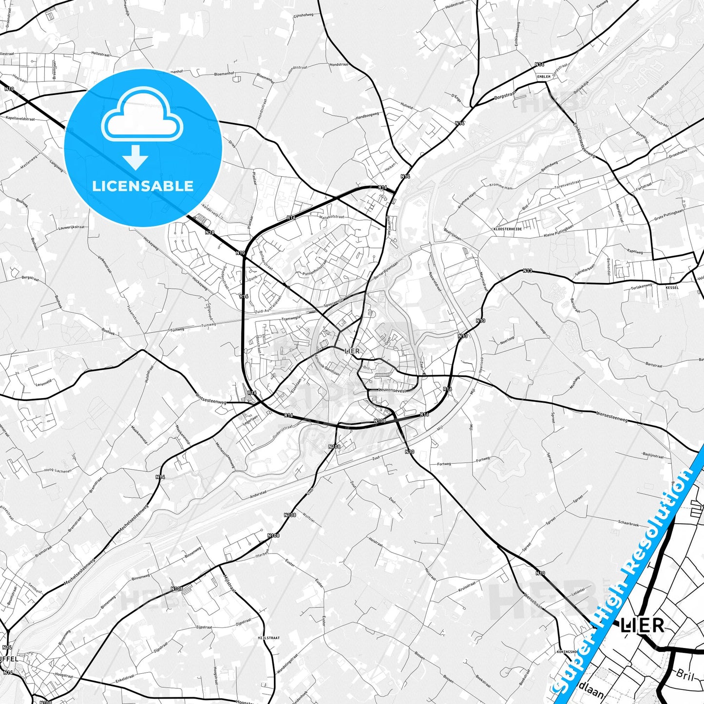 Lier, Belgium Light Map with Street Names, City Names, and Districts