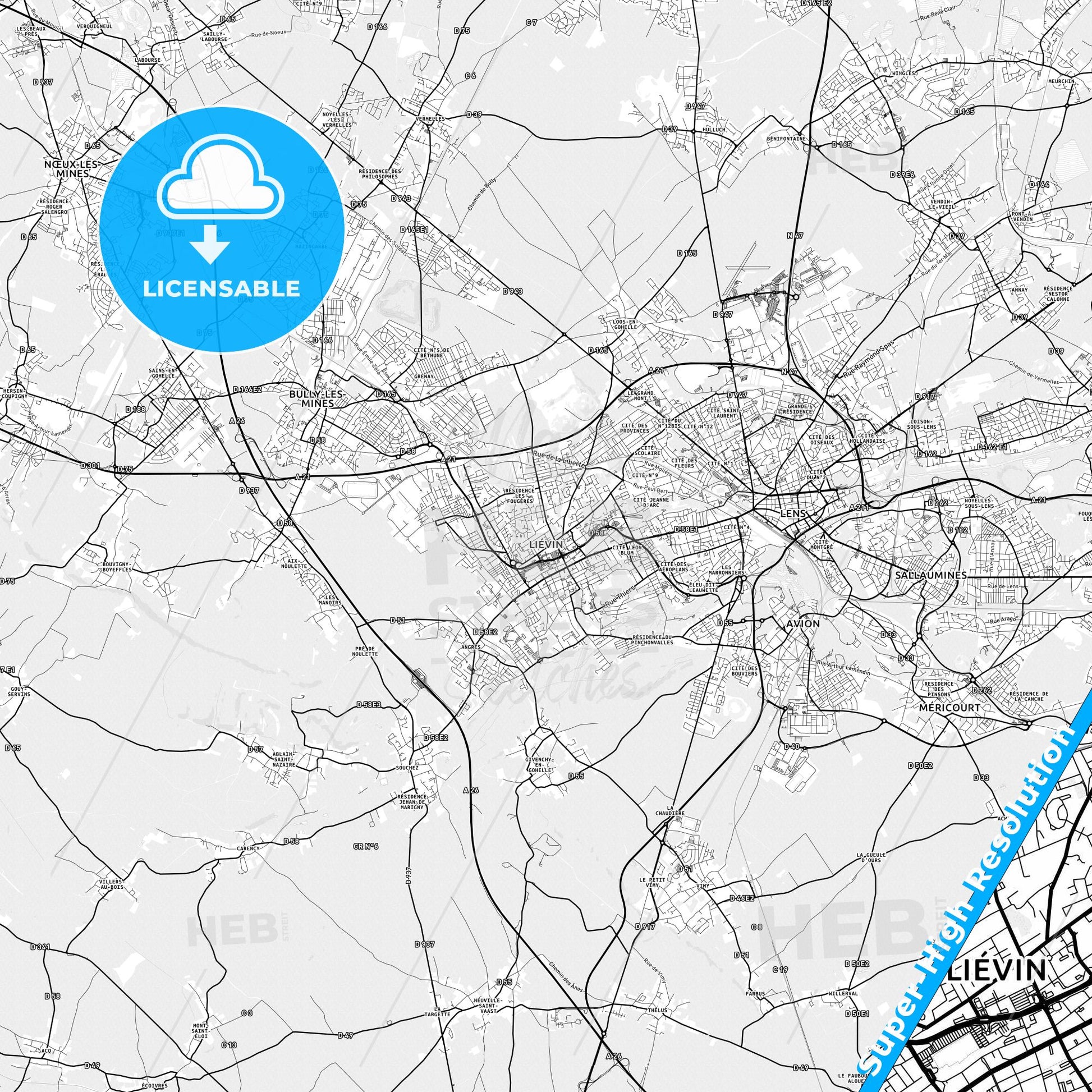 Liévin, France light map with streetnames, citynames and districts