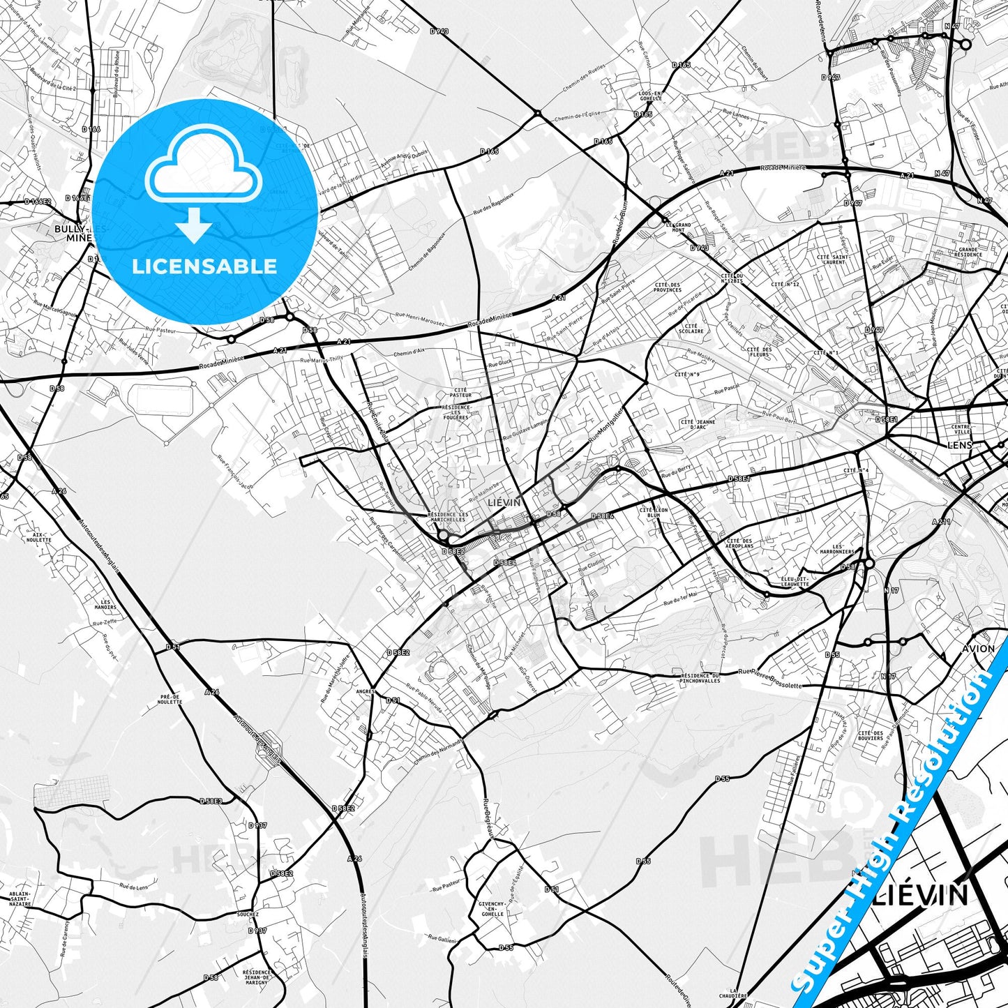 Liévin, France Light Map with Street Names, City Names, and Districts