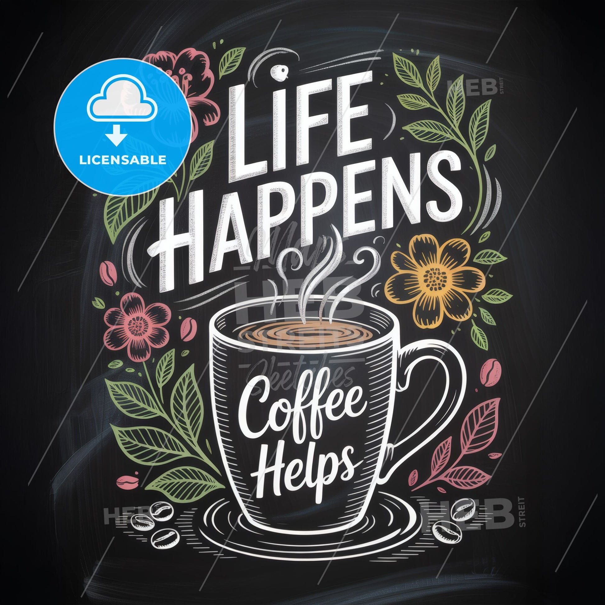 Life Happens, Coffee Helps: A Charming Illustration Celebrating the Comfort and Joy of Coffee.