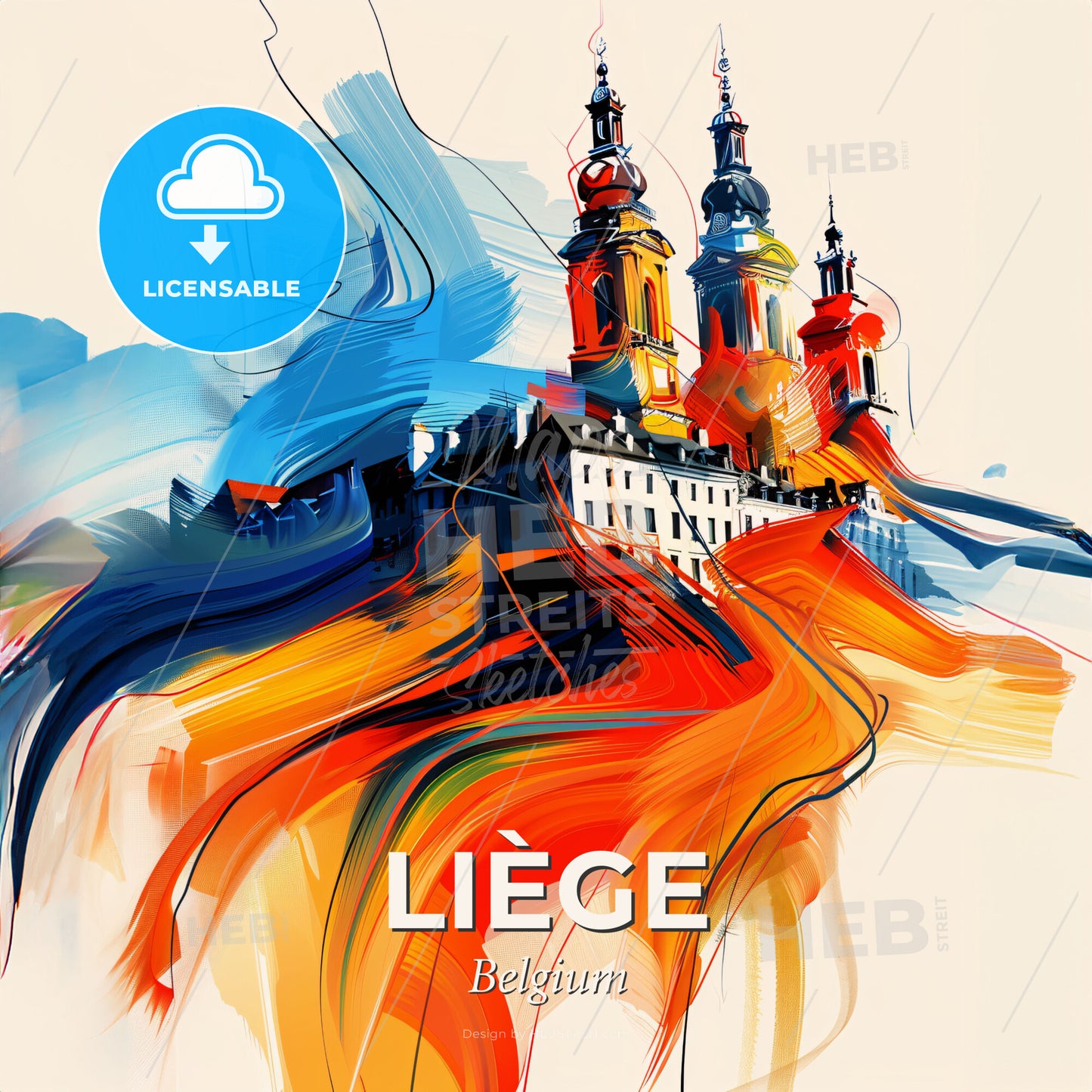 Vibrant Liège , Belgium - A Painting Of A Building With Towers And Colorful Paint - Square format print template