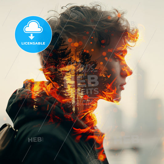 Light at the End: Exploring Shadows and Brightness - A man with a fire in his face