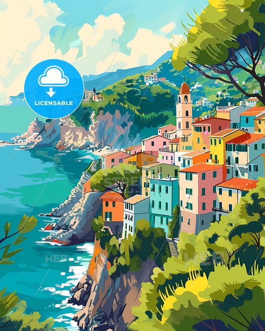 Colorful Liguria Italy Travel Art Print: Painting of Vibrant Buildings on Cliff by Ocean