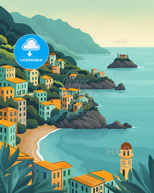 Liguria, Italy Town Art Print - Cartoon Hill Town by the Sea Painting