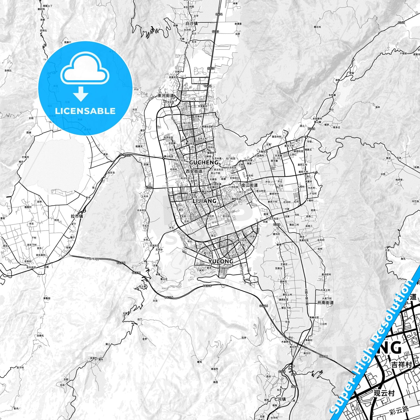 Lijiang, China light map with streetnames, citynames and districts