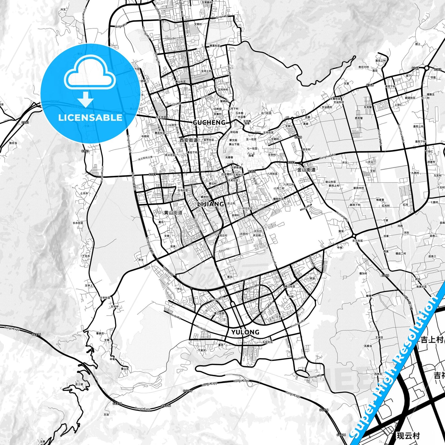 Lijiang, China Light Map with Street Names, City Names, and Districts