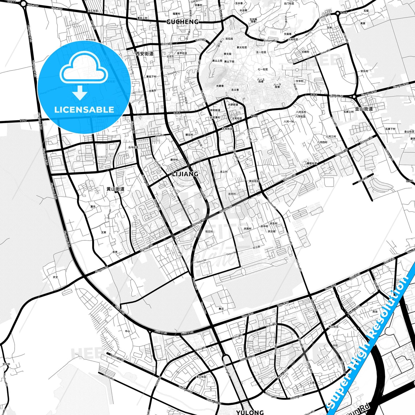 Lijiang, China Light Map with Street Names, City Names, and Districts