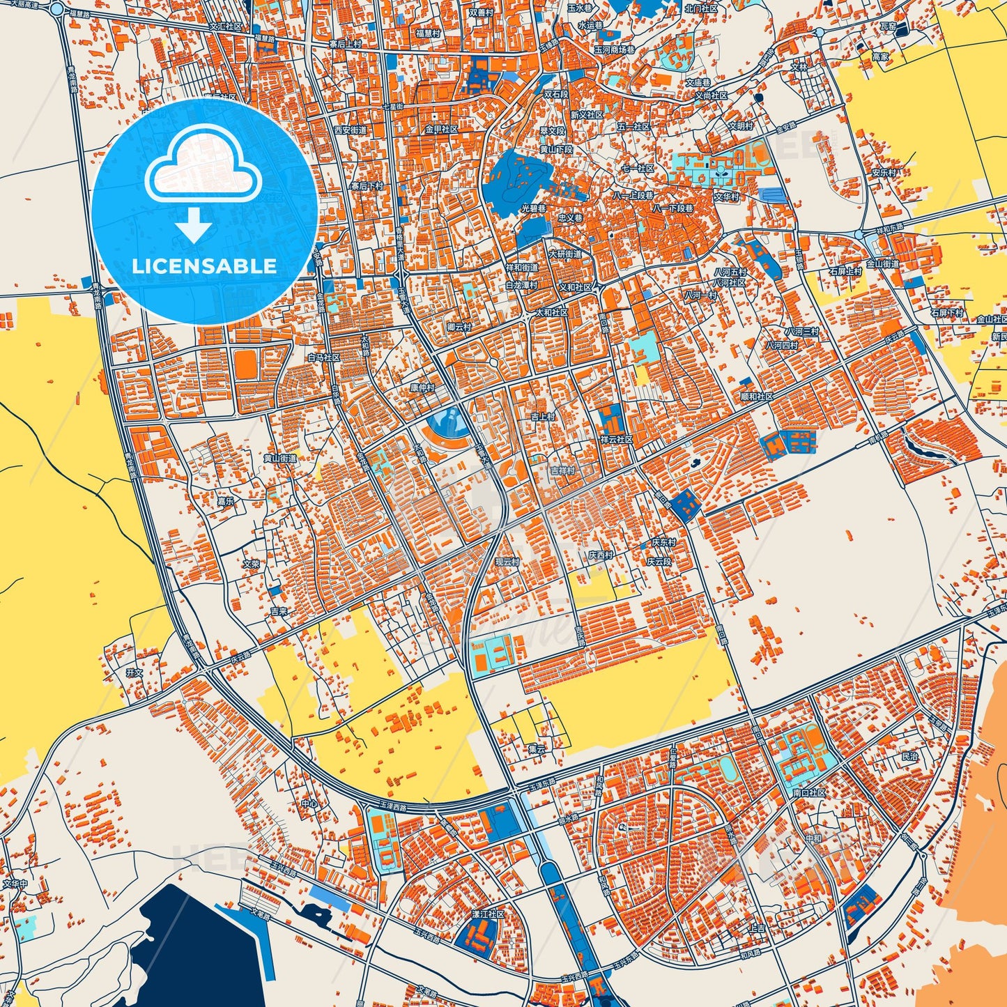 Colorful Lijiang Street Map with Labels and Buildings