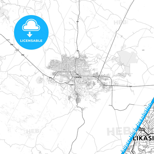 Likasi, DR Congo light map with streetnames, citynames and districts