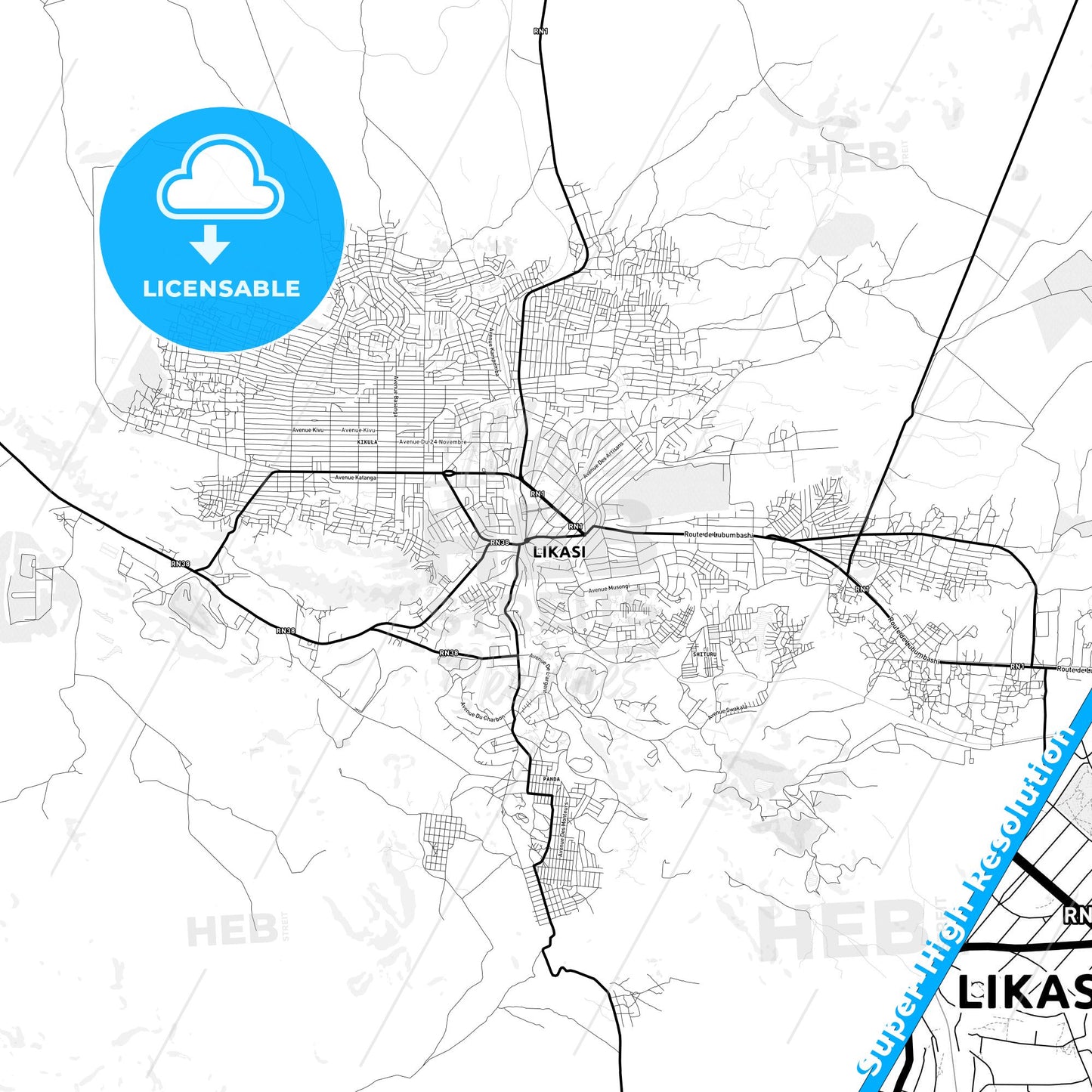 Likasi, DR Congo Light Map with Street Names, City Names, and Districts