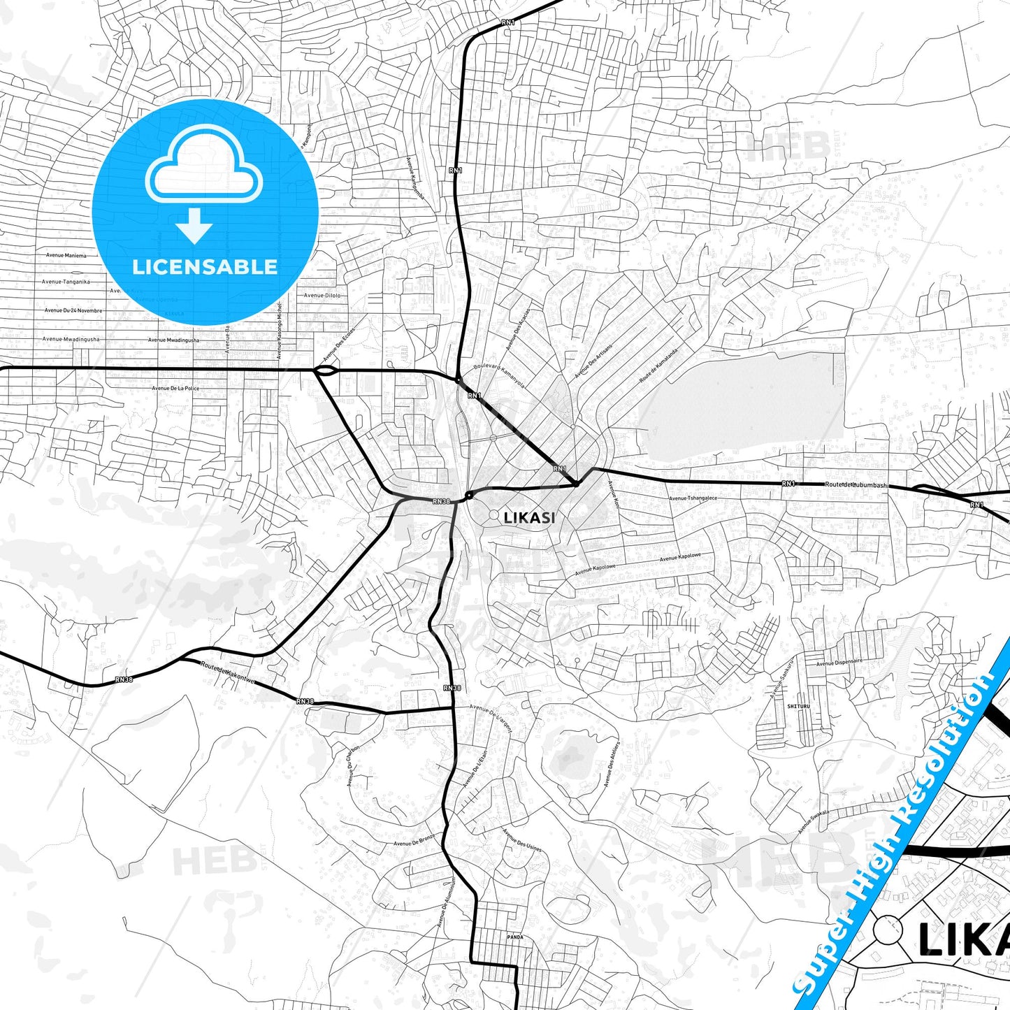 Likasi, DR Congo Light Map with Street Names, City Names, and Districts