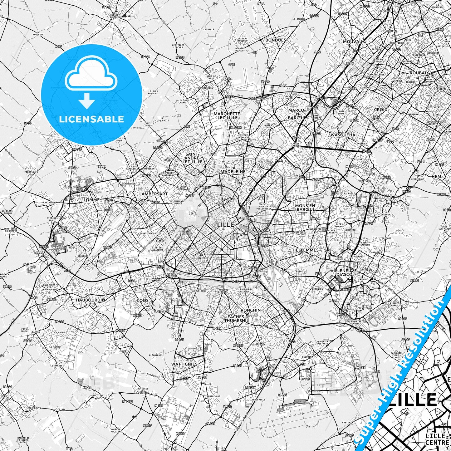 Lille, France light map with streetnames, citynames and districts