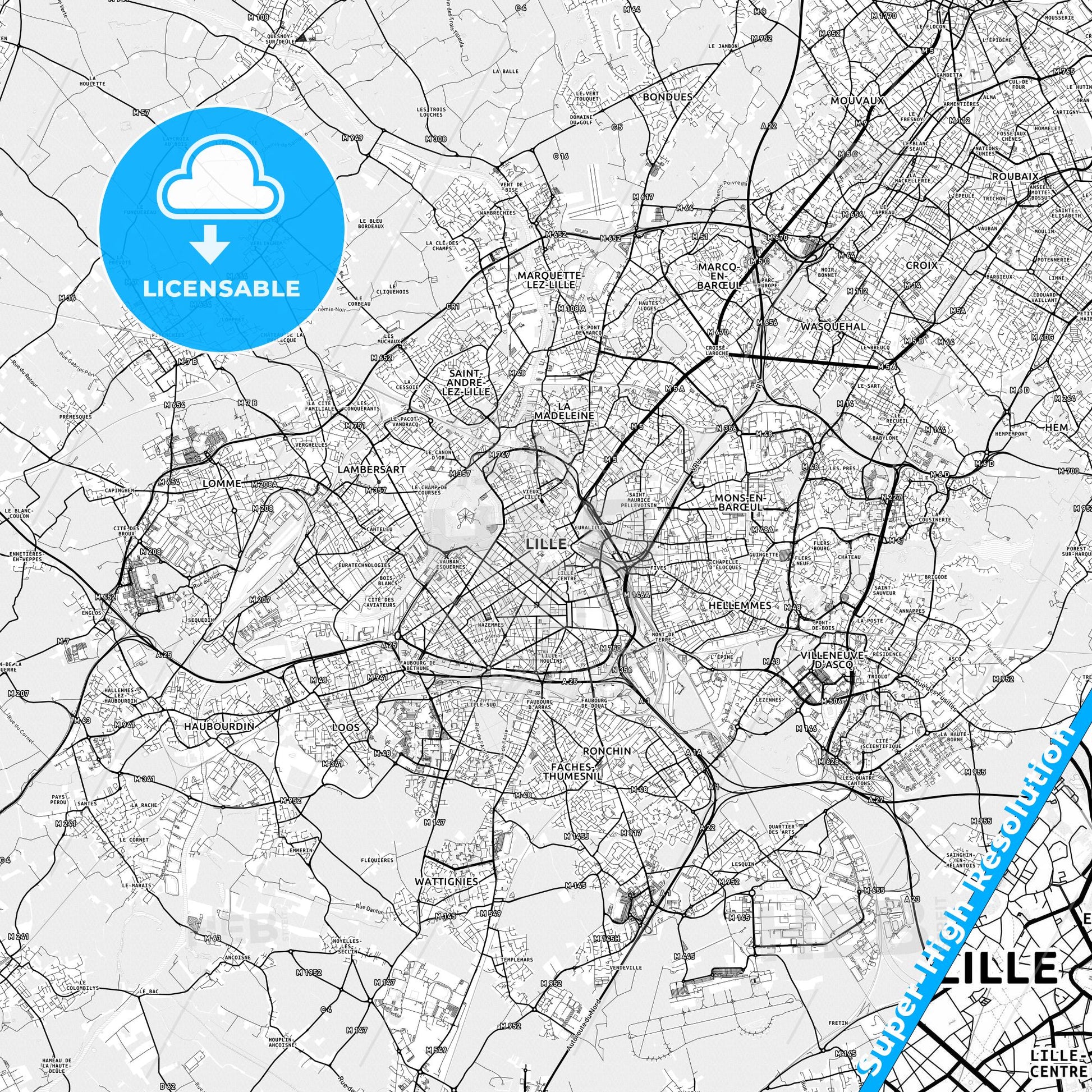 Lille, France light map with streetnames, citynames and districts