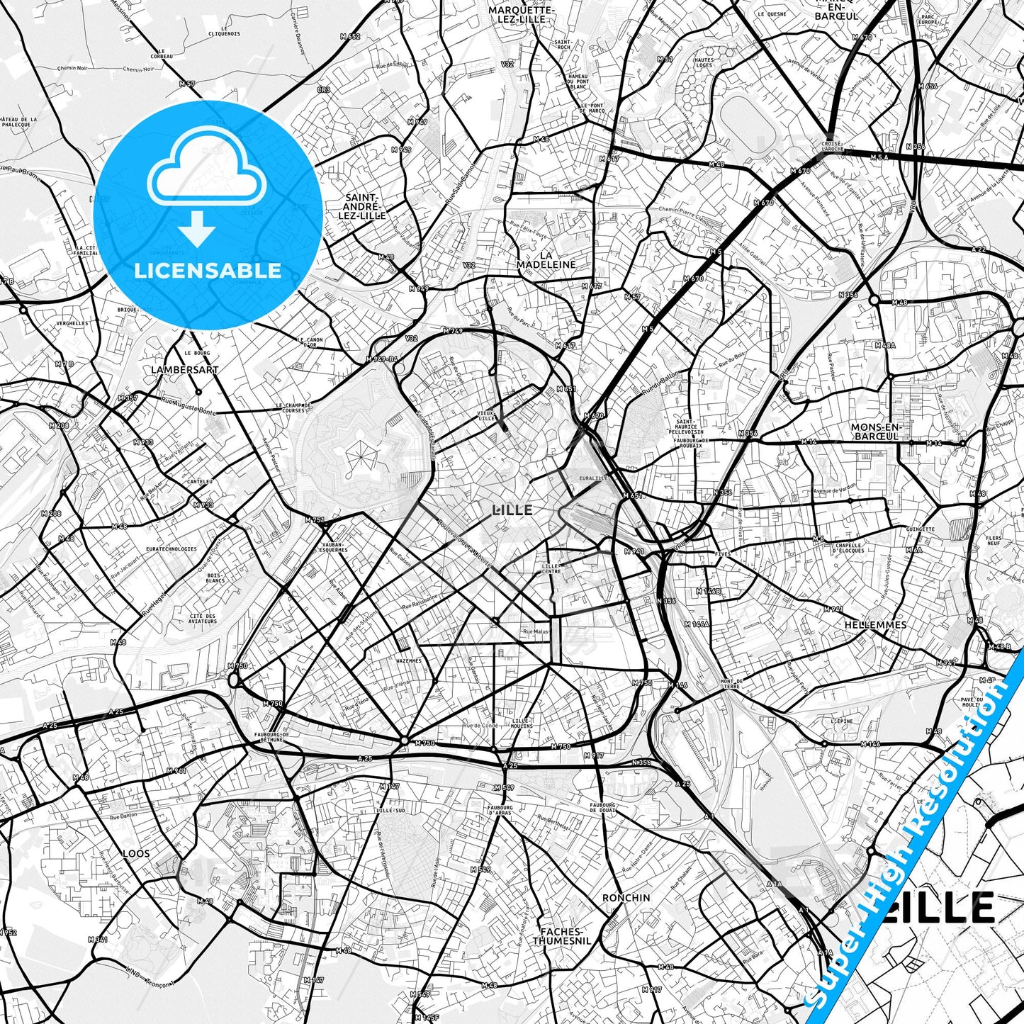 Lille, France Light Map with Street Names, City Names, and Districts