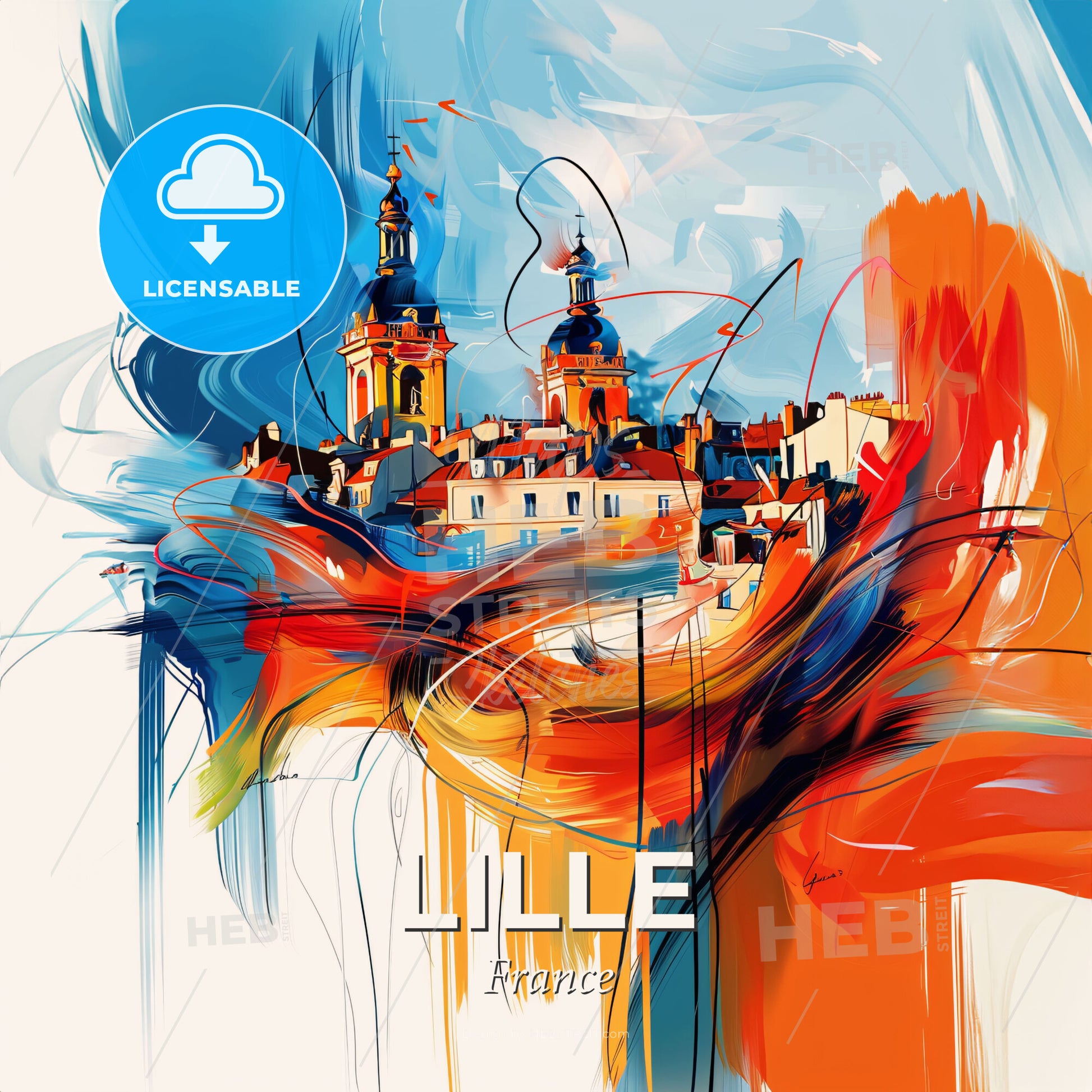 Vibrant Lille, France - A Painting Of A Building With A Tower - Square format print template