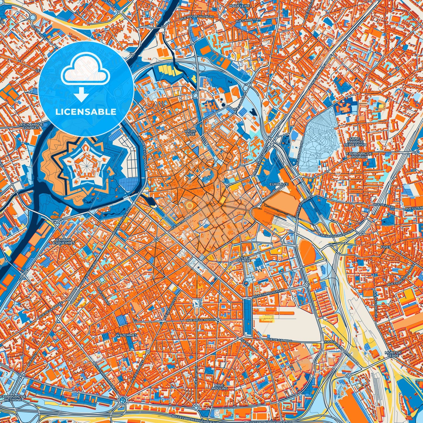 Colorful Lille Street Map with Labels and Buildings