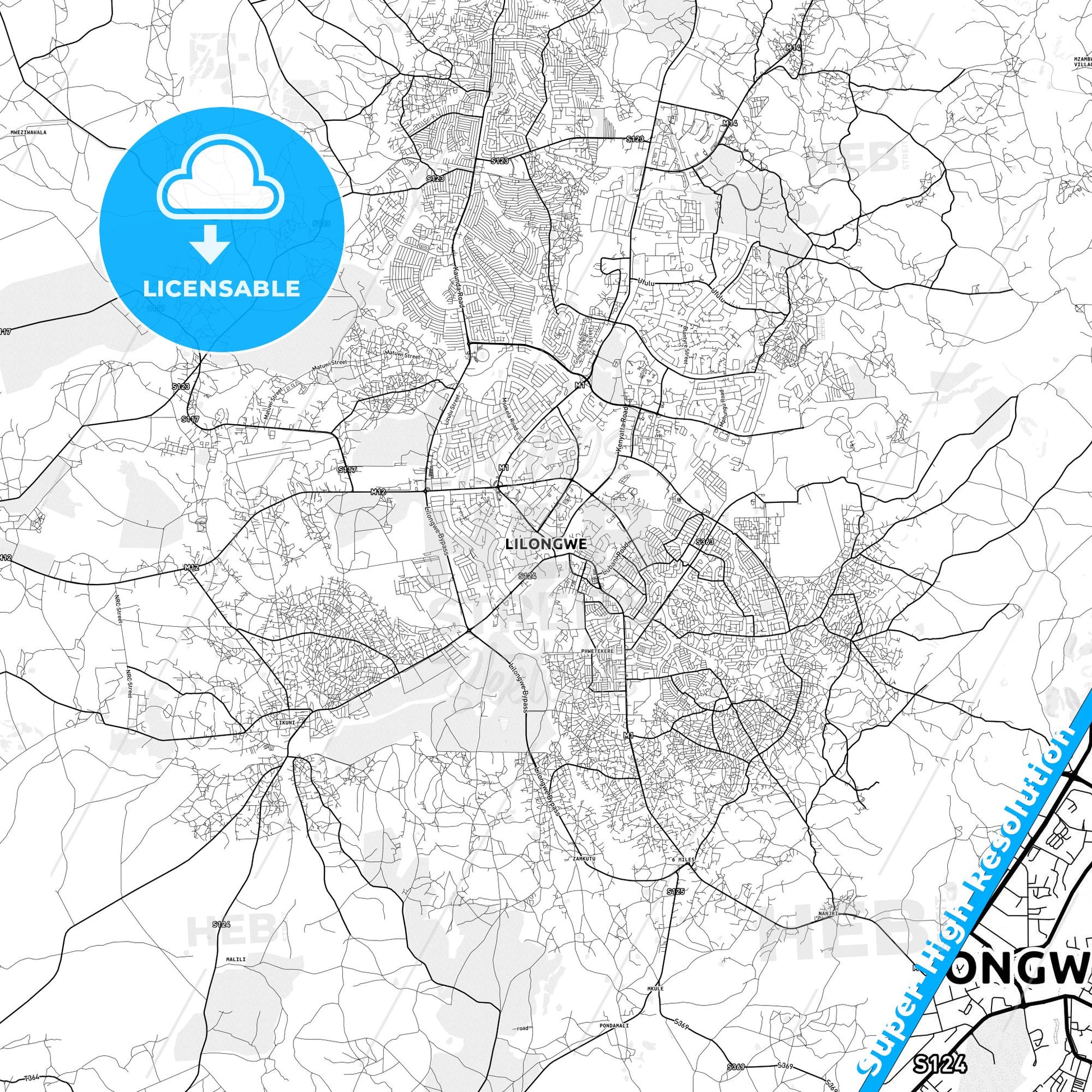 Lilongwe, Malawi light map with streetnames, citynames and districts