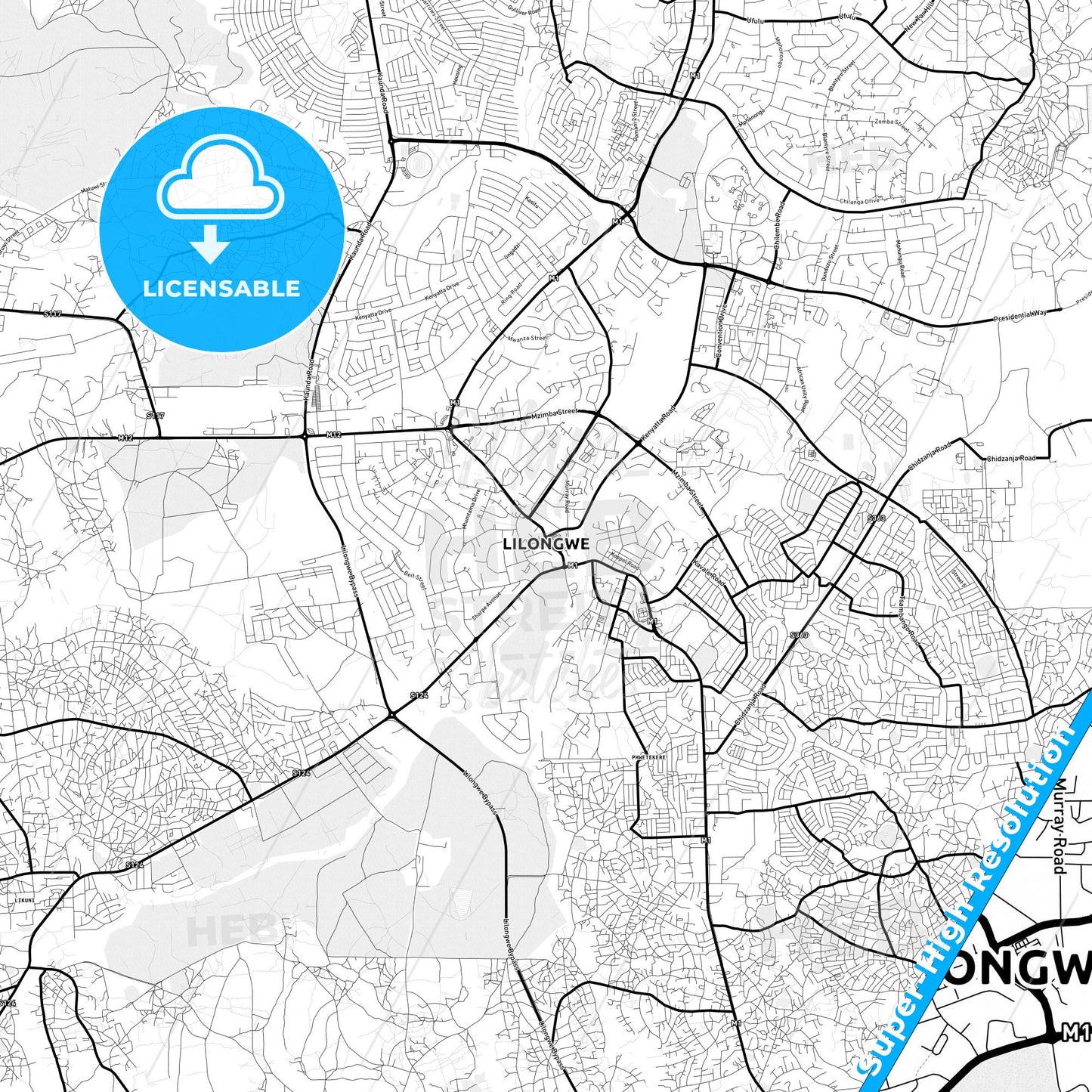 Lilongwe, Malawi Light Map with Street Names, City Names, and Districts