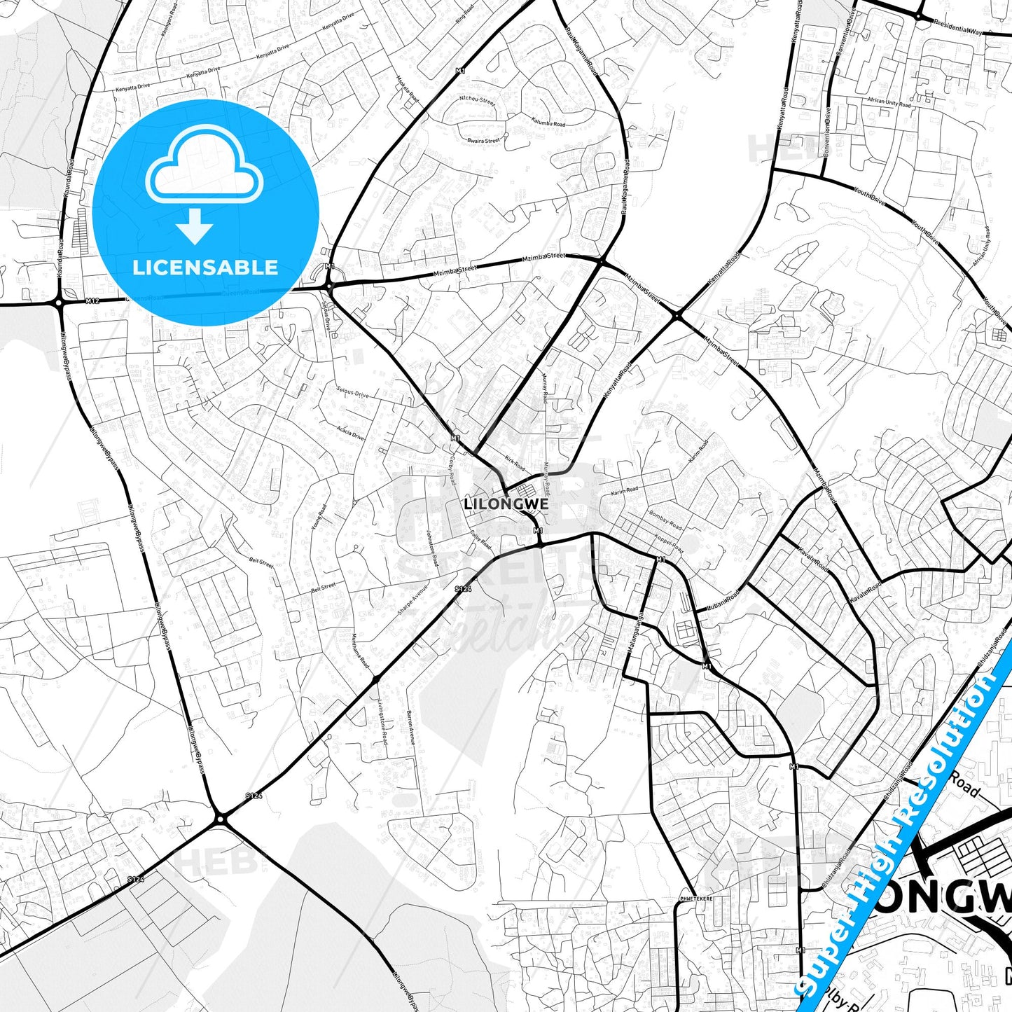 Lilongwe, Malawi Light Map with Street Names, City Names, and Districts