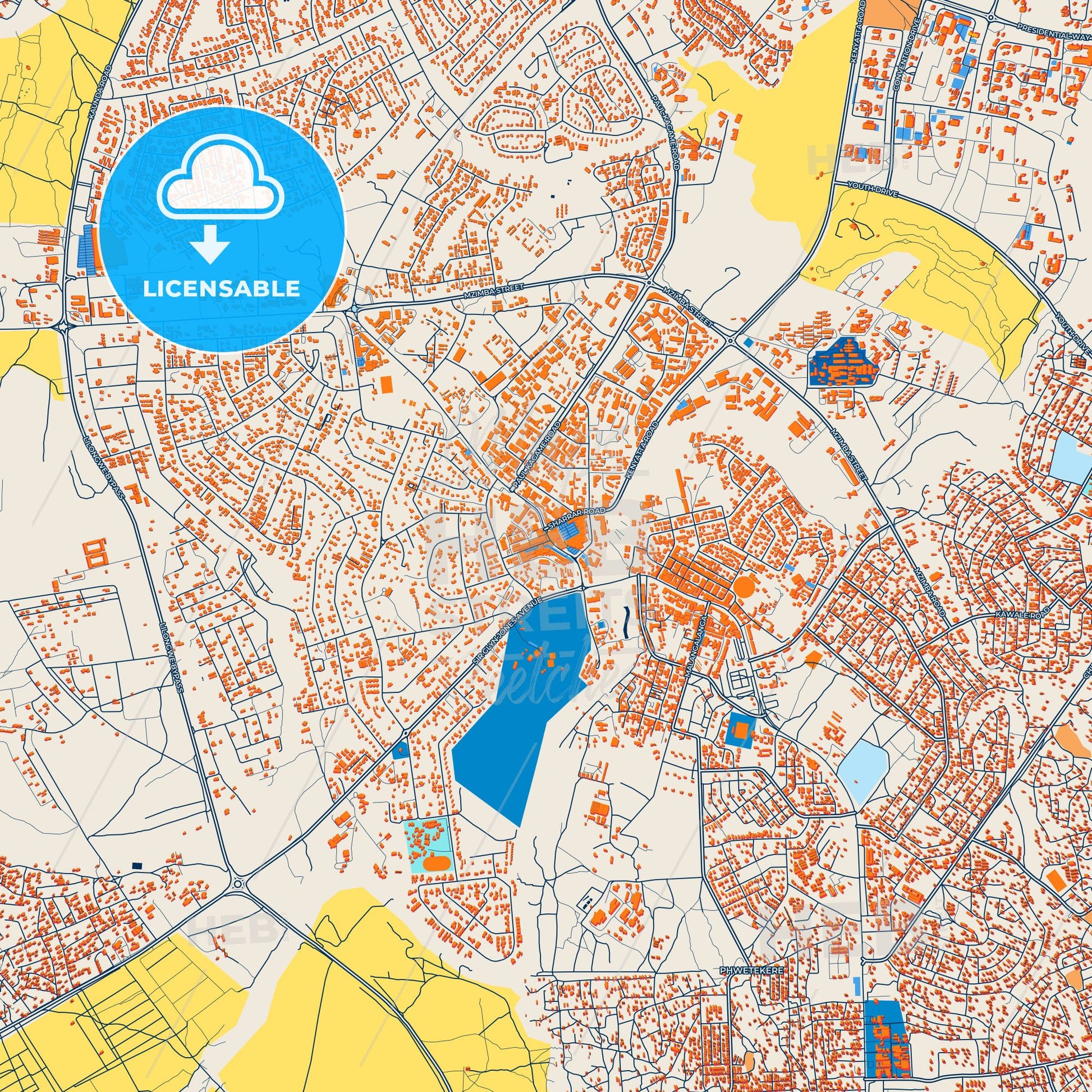 Colorful Lilongwe Street Map with Labels and Buildings