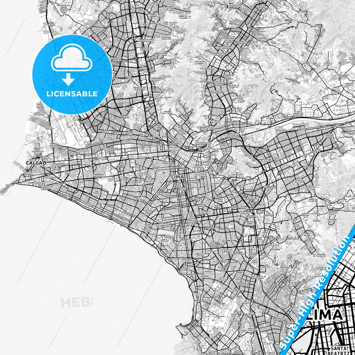 Lima, Peru light map with streetnames, citynames and districts