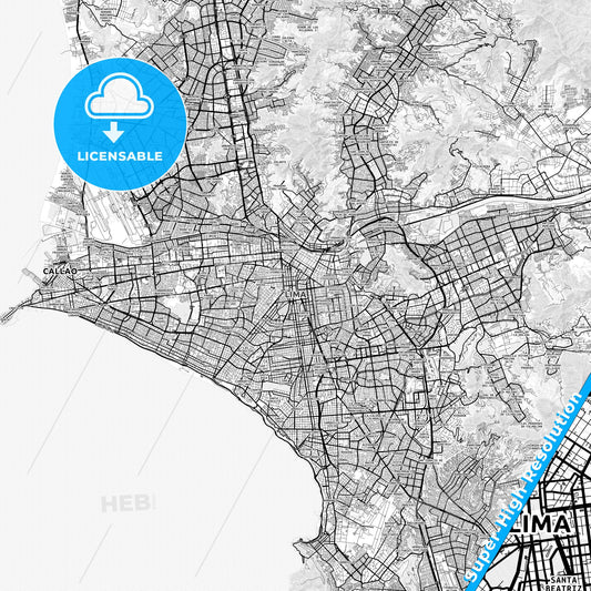 Lima, Peru light map with streetnames, citynames and districts