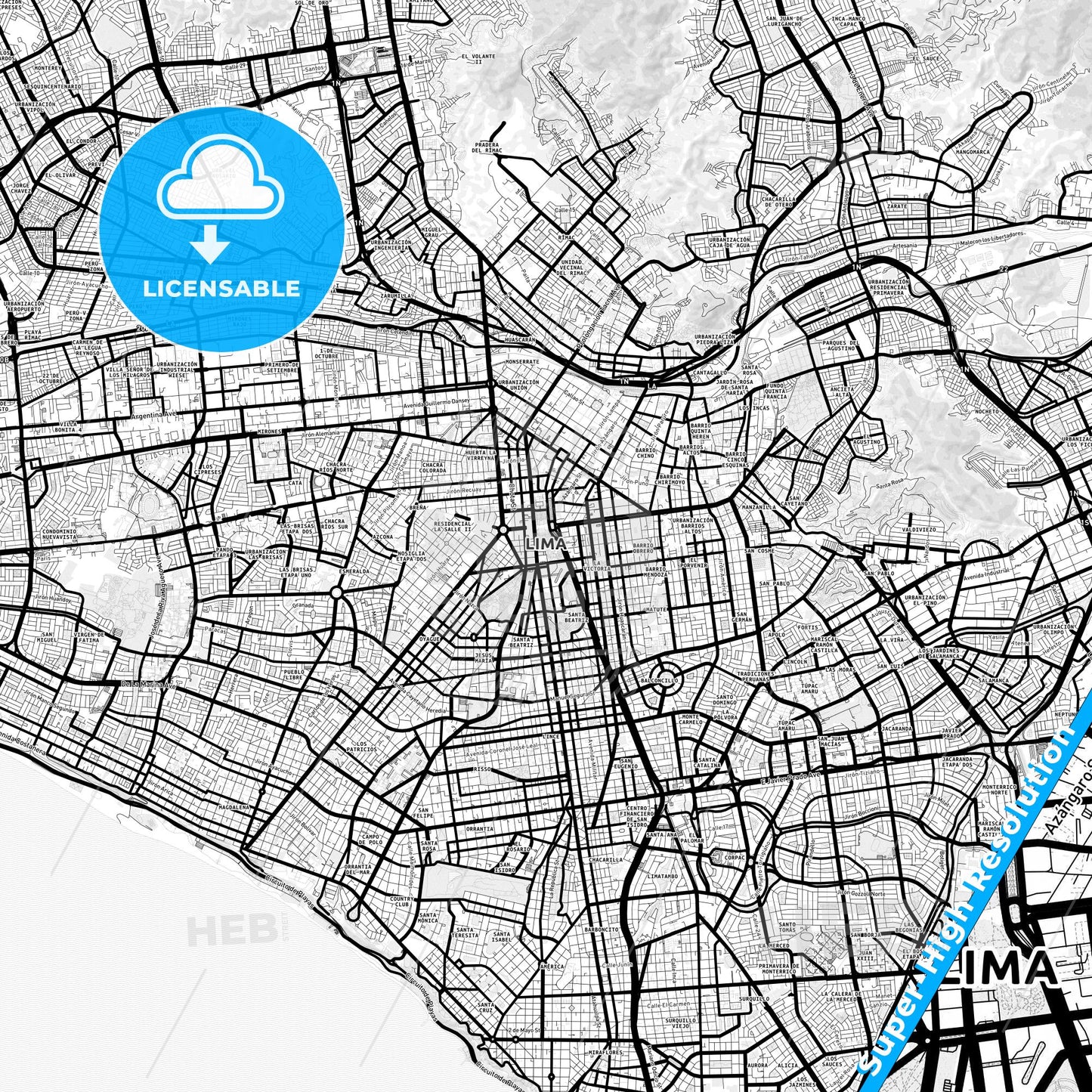 Lima, Peru Light Map with Street Names, City Names, and Districts